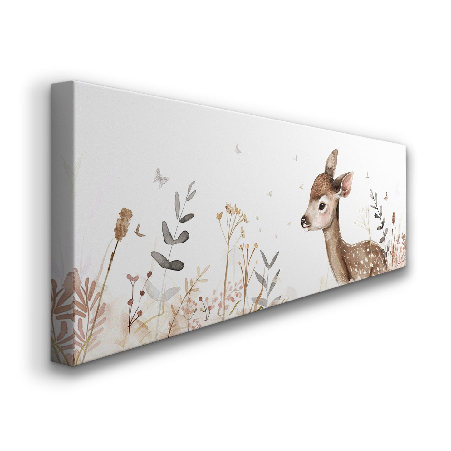 Deer Nursery Above Bed Wall Art Neutral, Panoramic Wildlife Canvas Print, Minimal Long Horizontal Canvas Art