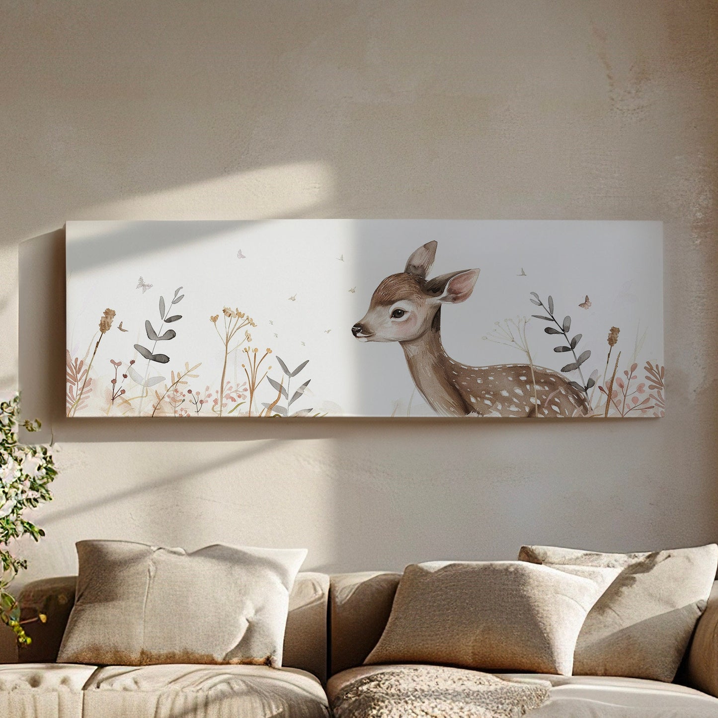 Deer Nursery Above Bed Wall Art Neutral, Panoramic Wildlife Canvas Print, Minimal Long Horizontal Canvas Art