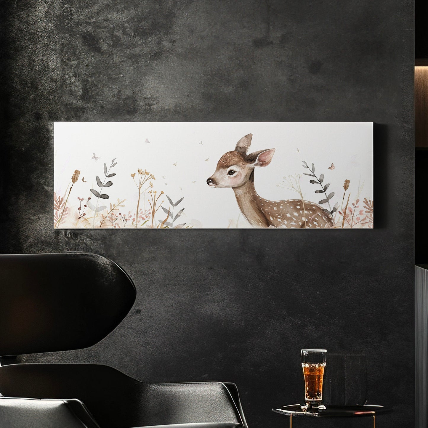 Deer Nursery Above Bed Wall Art Neutral, Panoramic Wildlife Canvas Print, Minimal Long Horizontal Canvas Art