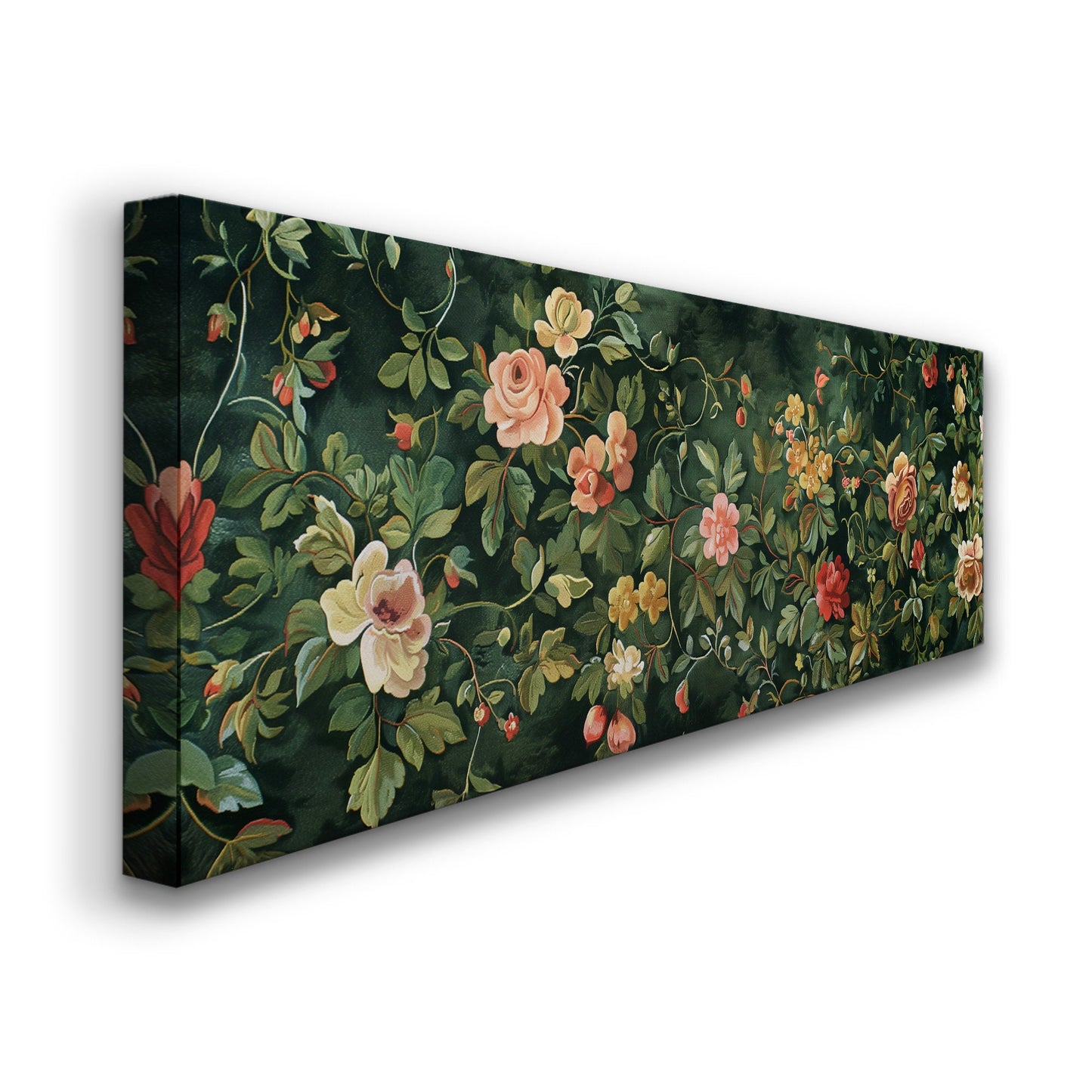 Floral Tapestry Above Bed Wall Art Spring Meadow, Panoramic Pink Roses Canvas Print, Nature Long Horizontal Canvas Art