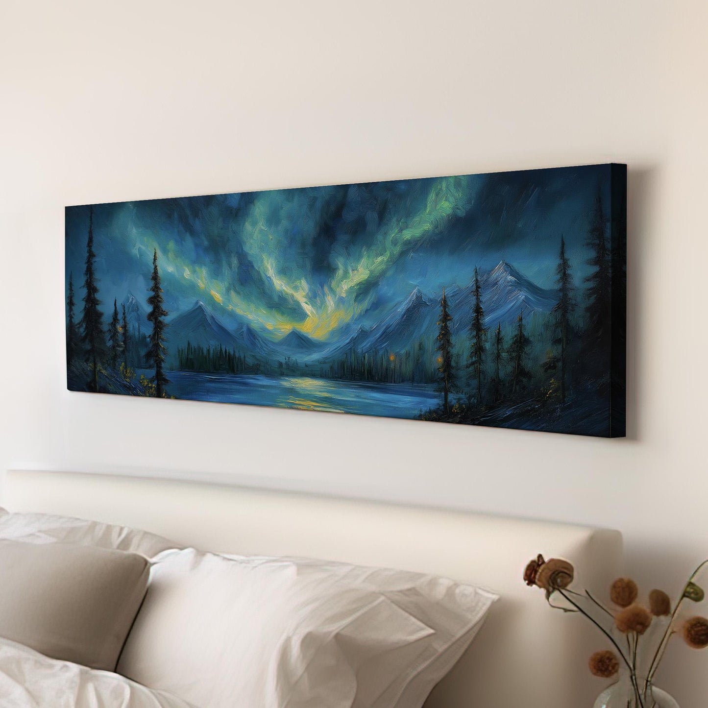 Swirling Clouds Panoramic Wall Art Northern Lights, Panorama Starry Sky Canvas Print, Aurora Borealis Decor Canvas Art