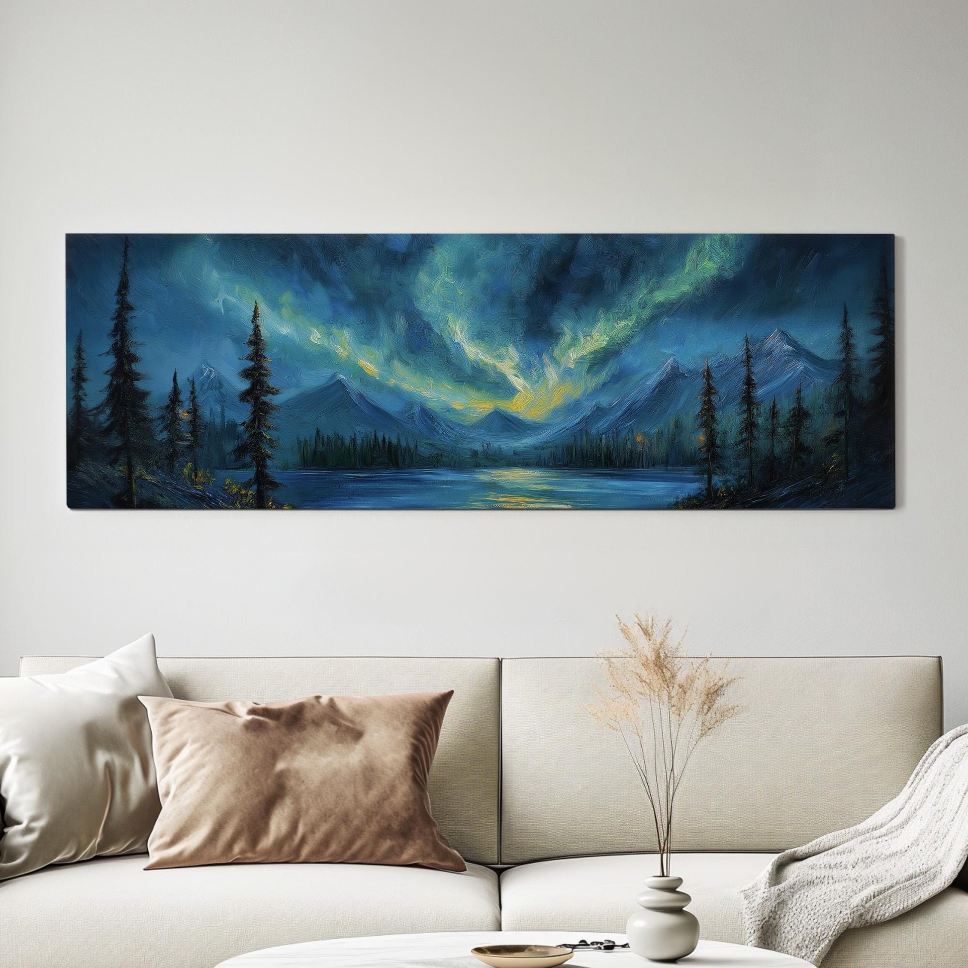 Swirling Clouds Panoramic Wall Art Northern Lights, Panorama Starry Sky Canvas Print, Aurora Borealis Decor Canvas Art