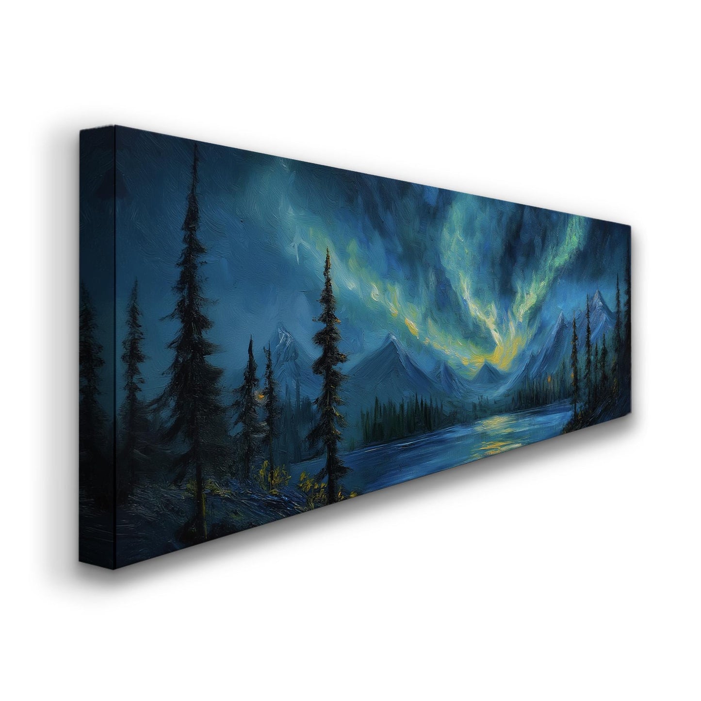 Swirling Clouds Panoramic Wall Art Northern Lights, Panorama Starry Sky Canvas Print, Aurora Borealis Decor Canvas Art