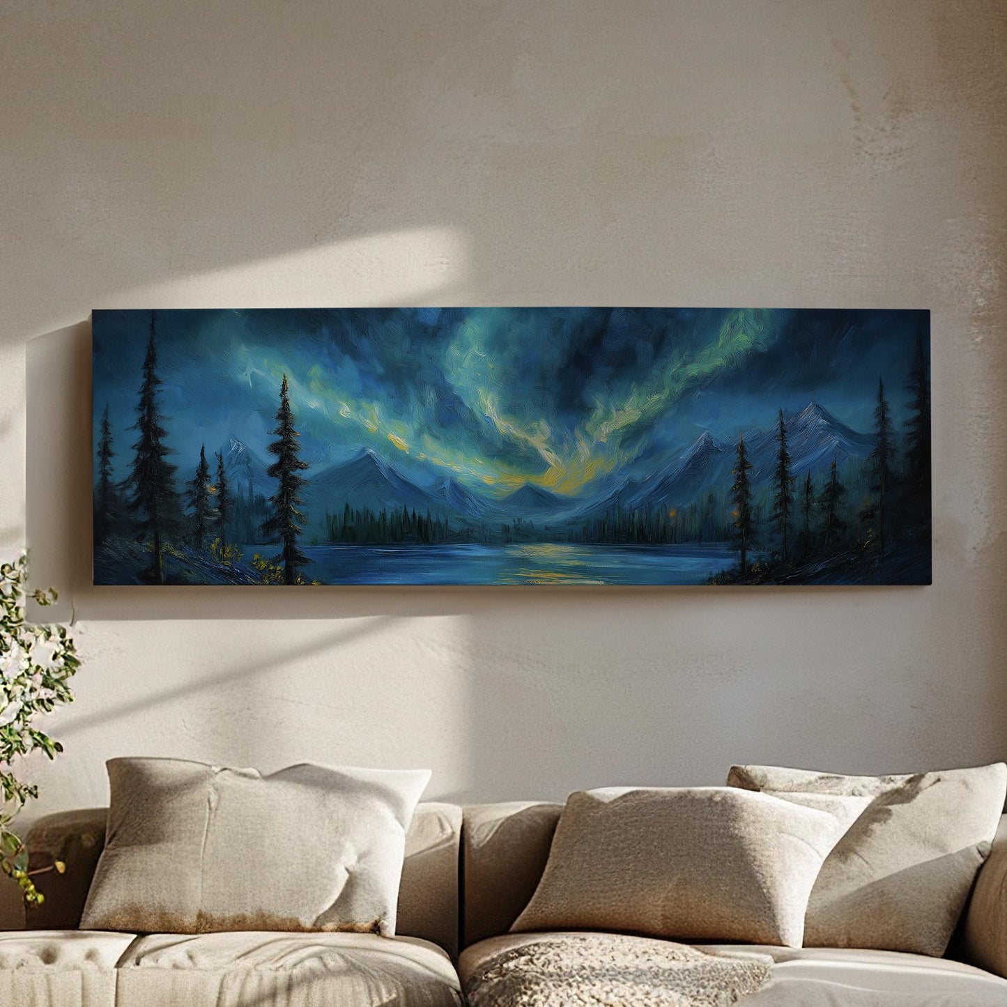 Swirling Clouds Panoramic Wall Art Northern Lights, Panorama Starry Sky Canvas Print, Aurora Borealis Decor Canvas Art