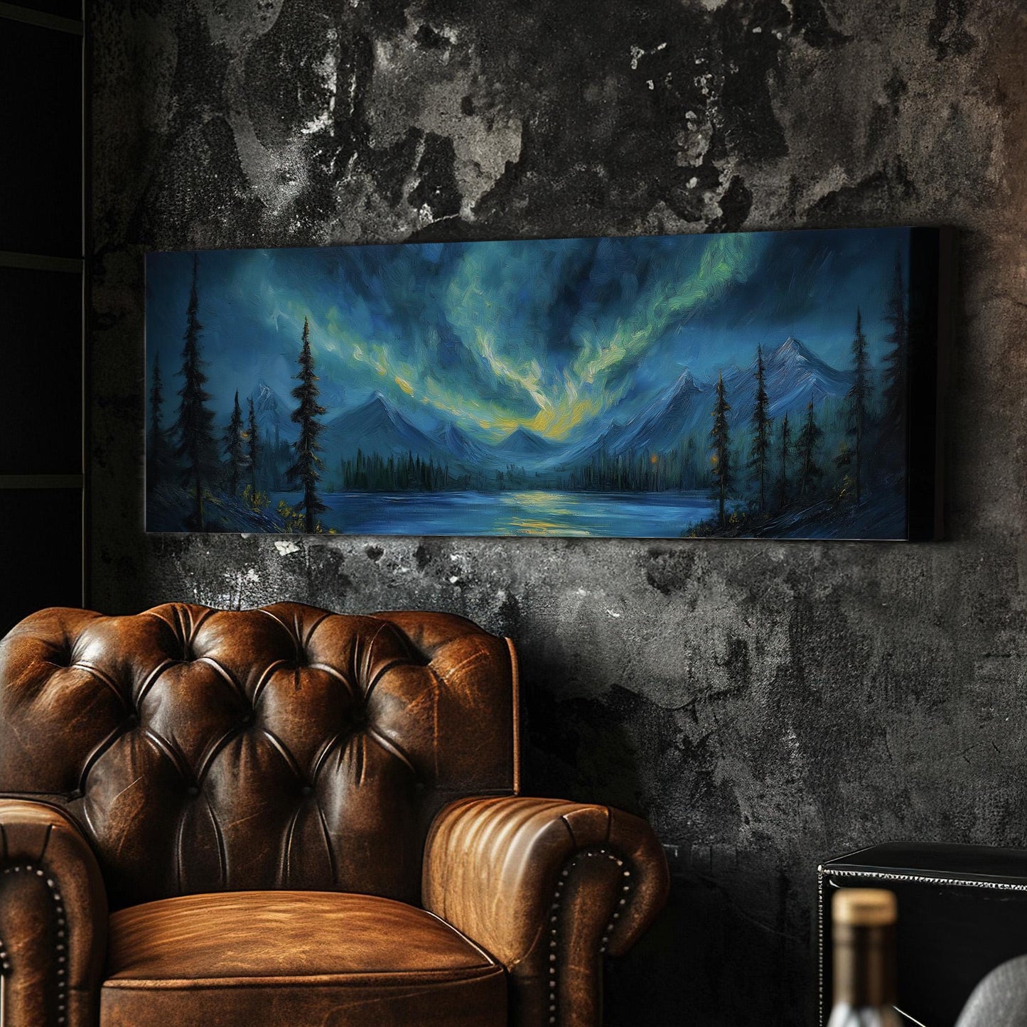 Swirling Clouds Panoramic Wall Art Northern Lights, Panorama Starry Sky Canvas Print, Aurora Borealis Decor Canvas Art