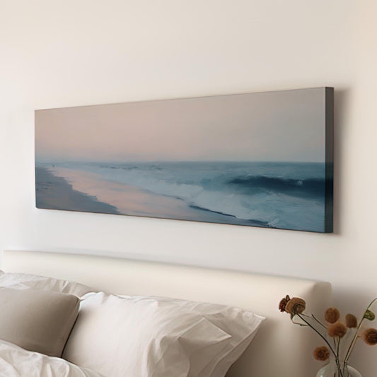 Sunrise At The Sea Panoramic Wall Art Muted Beach, Panorama Cottagecore Canvas Print, Nautical Decor Canvas Art