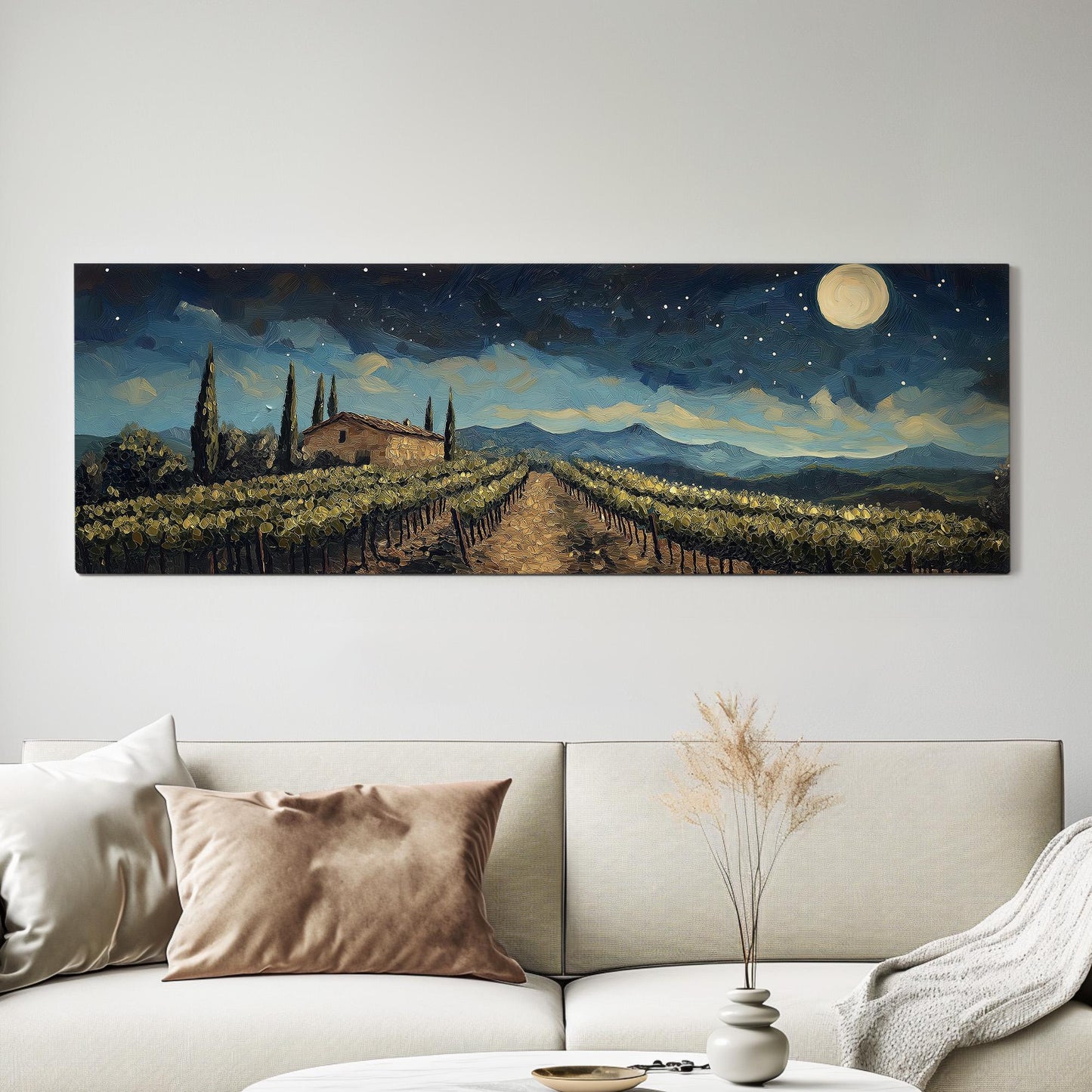 Starry Sky Above The Vineyard Panoramic Wall Art Tuscany, Panorama Tuscan Village Canvas Print, Italian Countryside Decor Canvas Art