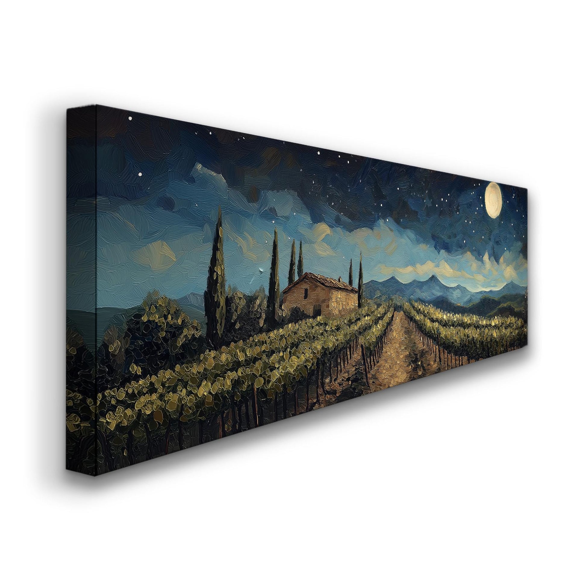 Starry Sky Above The Vineyard Panoramic Wall Art Tuscany, Panorama Tuscan Village Canvas Print, Italian Countryside Decor Canvas Art