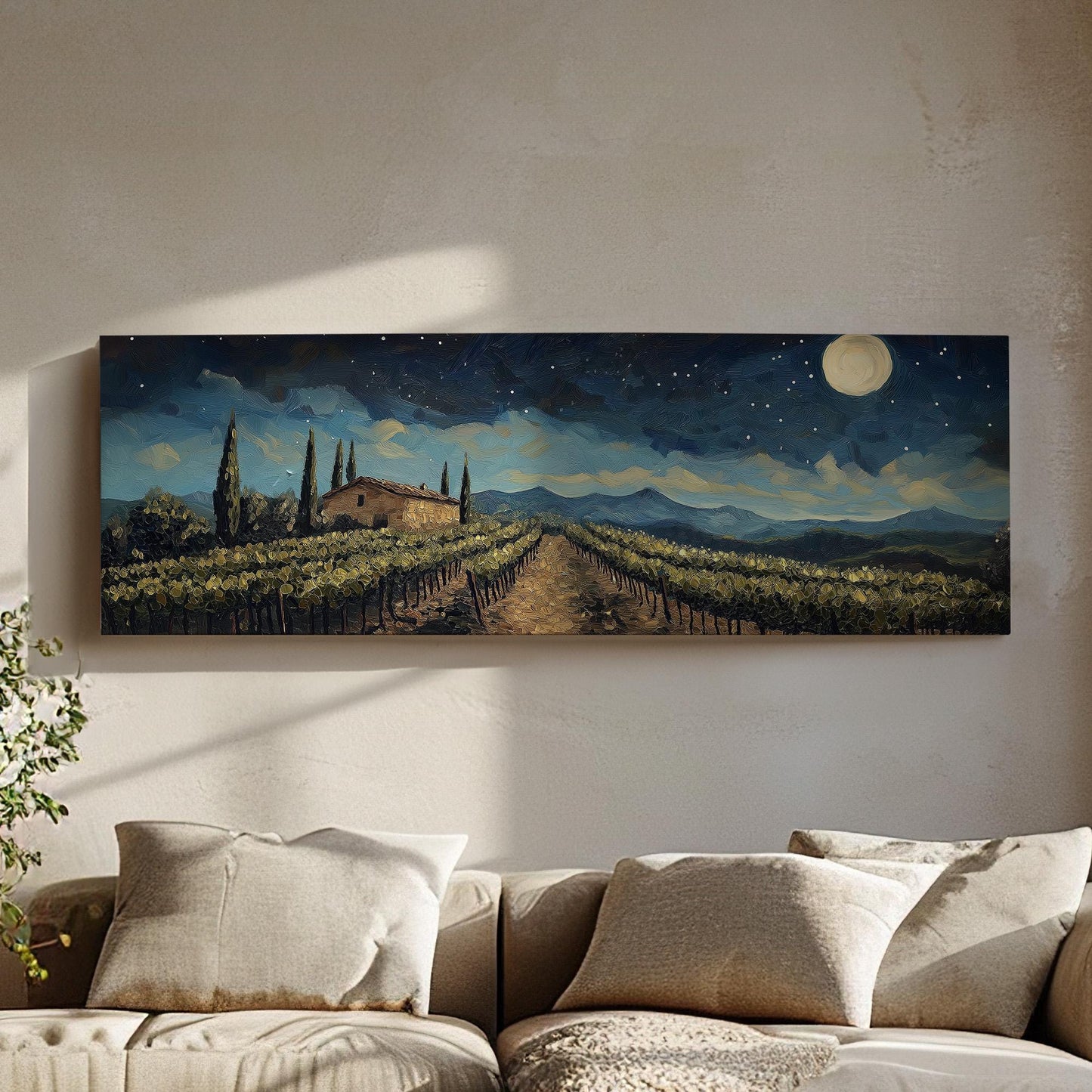 Starry Sky Above The Vineyard Panoramic Wall Art Tuscany, Panorama Tuscan Village Canvas Print, Italian Countryside Decor Canvas Art