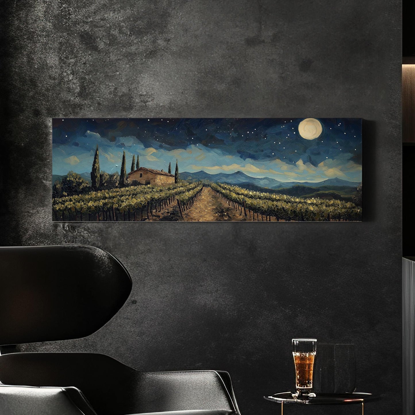 Starry Sky Above The Vineyard Panoramic Wall Art Tuscany, Panorama Tuscan Village Canvas Print, Italian Countryside Decor Canvas Art