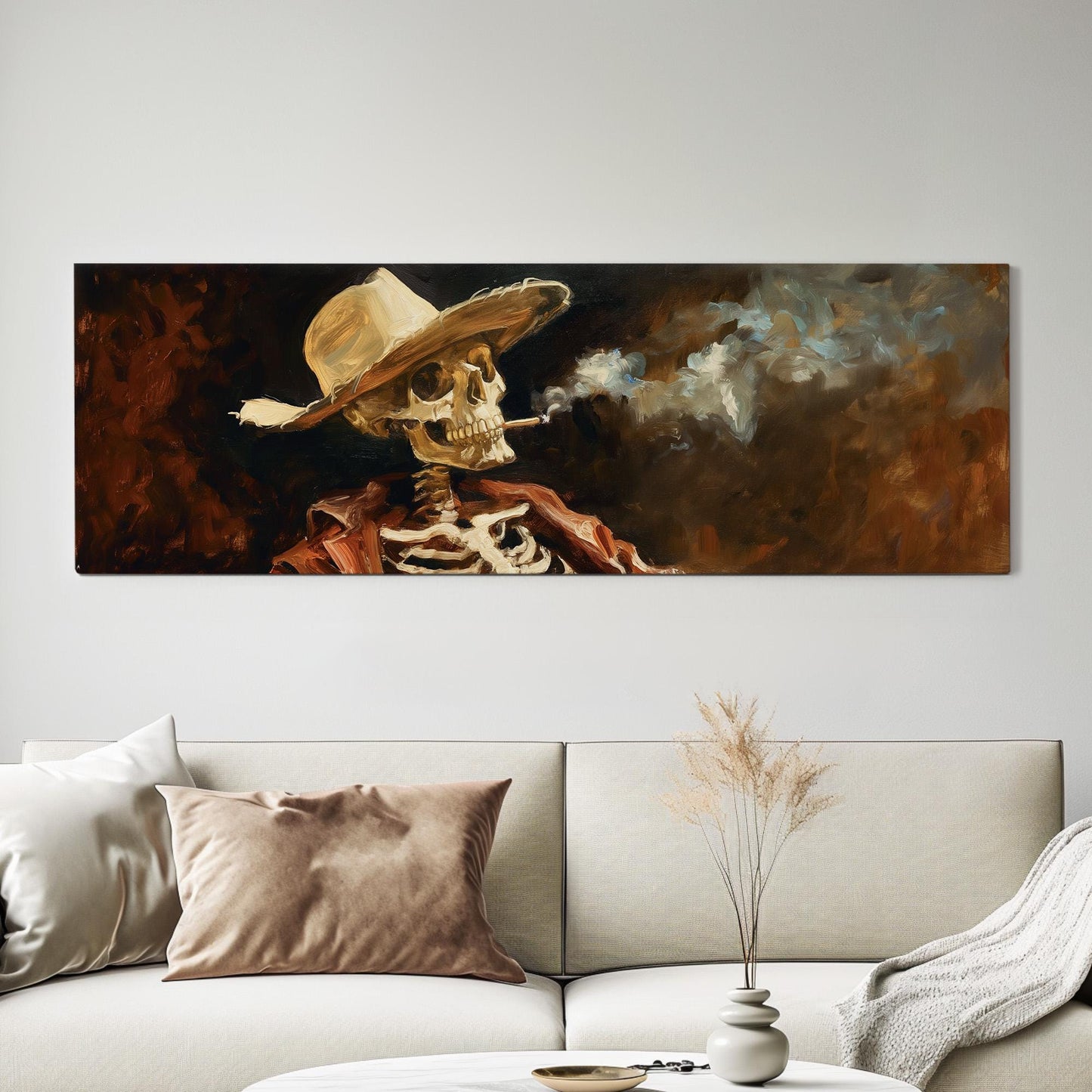 Smoking Cowboy Skeleton Panoramic Wall Art Farmhouse, Panorama Southwestern Canvas Print, Howdy Decor Canvas Art