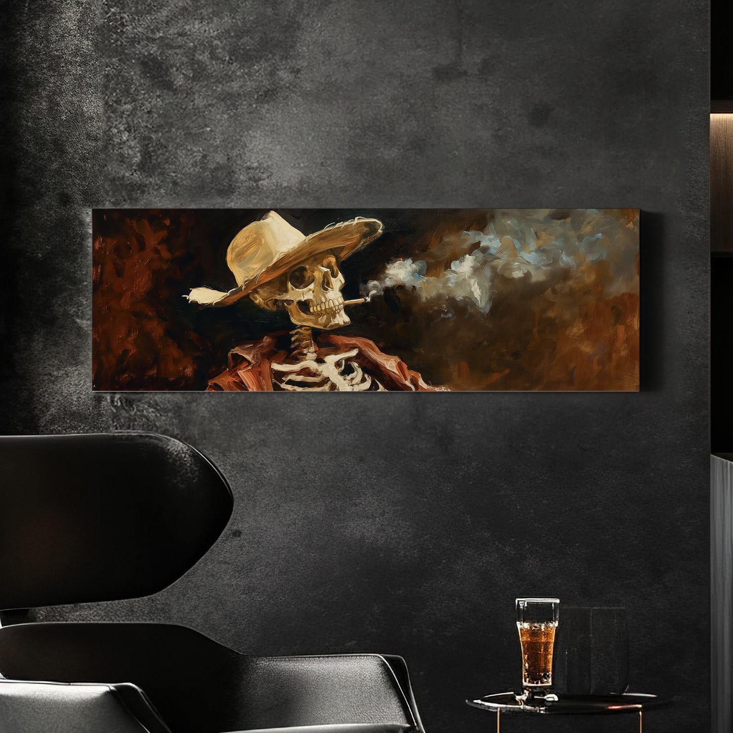 Smoking Cowboy Skeleton Panoramic Wall Art Farmhouse, Panorama Southwestern Canvas Print, Howdy Decor Canvas Art