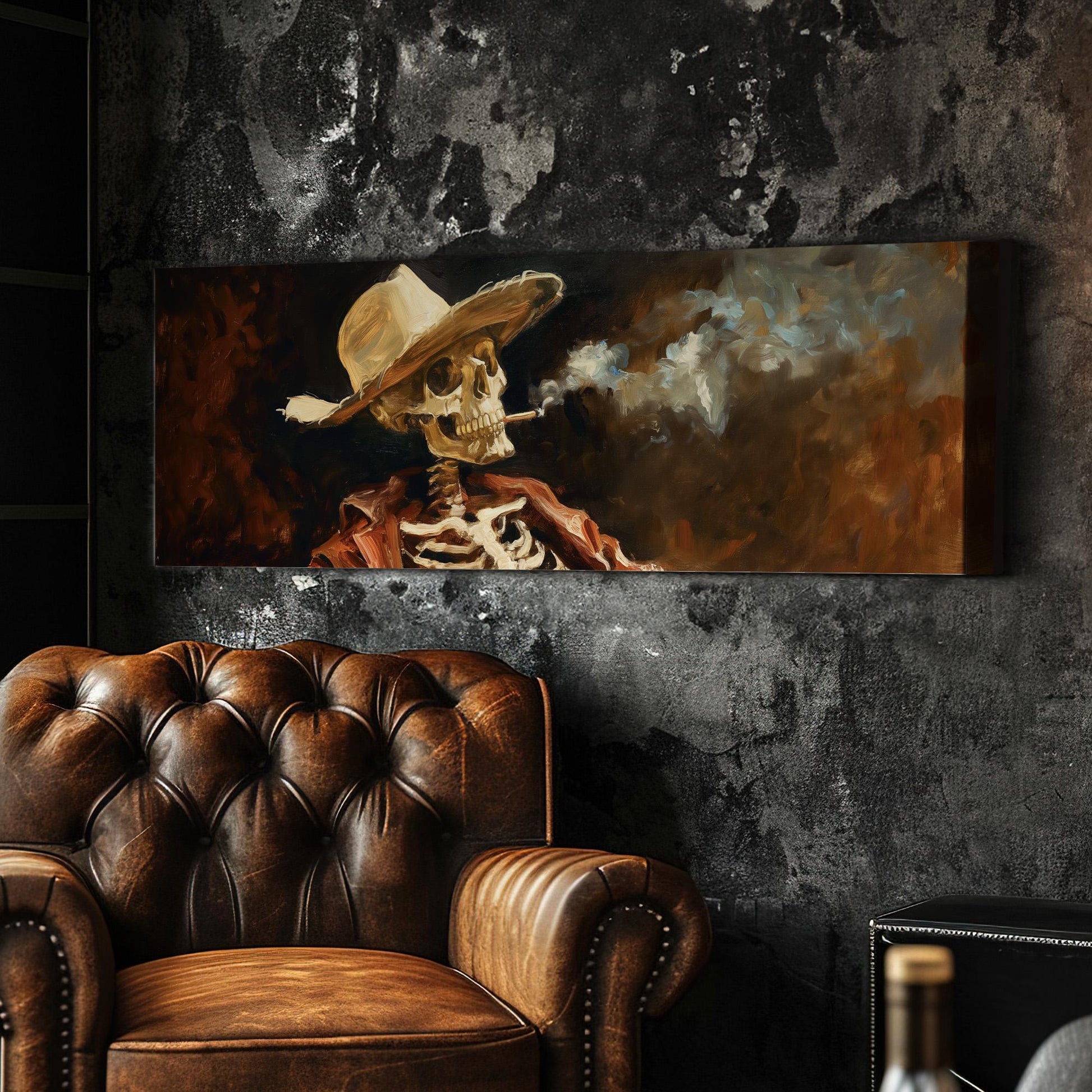 Smoking Cowboy Skeleton Panoramic Wall Art Farmhouse, Panorama Southwestern Canvas Print, Howdy Decor Canvas Art
