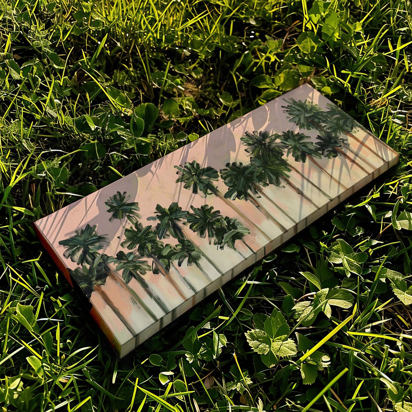 Florida Palm Tree Acrylic Panoramic Wall Art Knife Technique, Panorama Tropical Canvas Print, Summer Pastel Decor Canvas Art