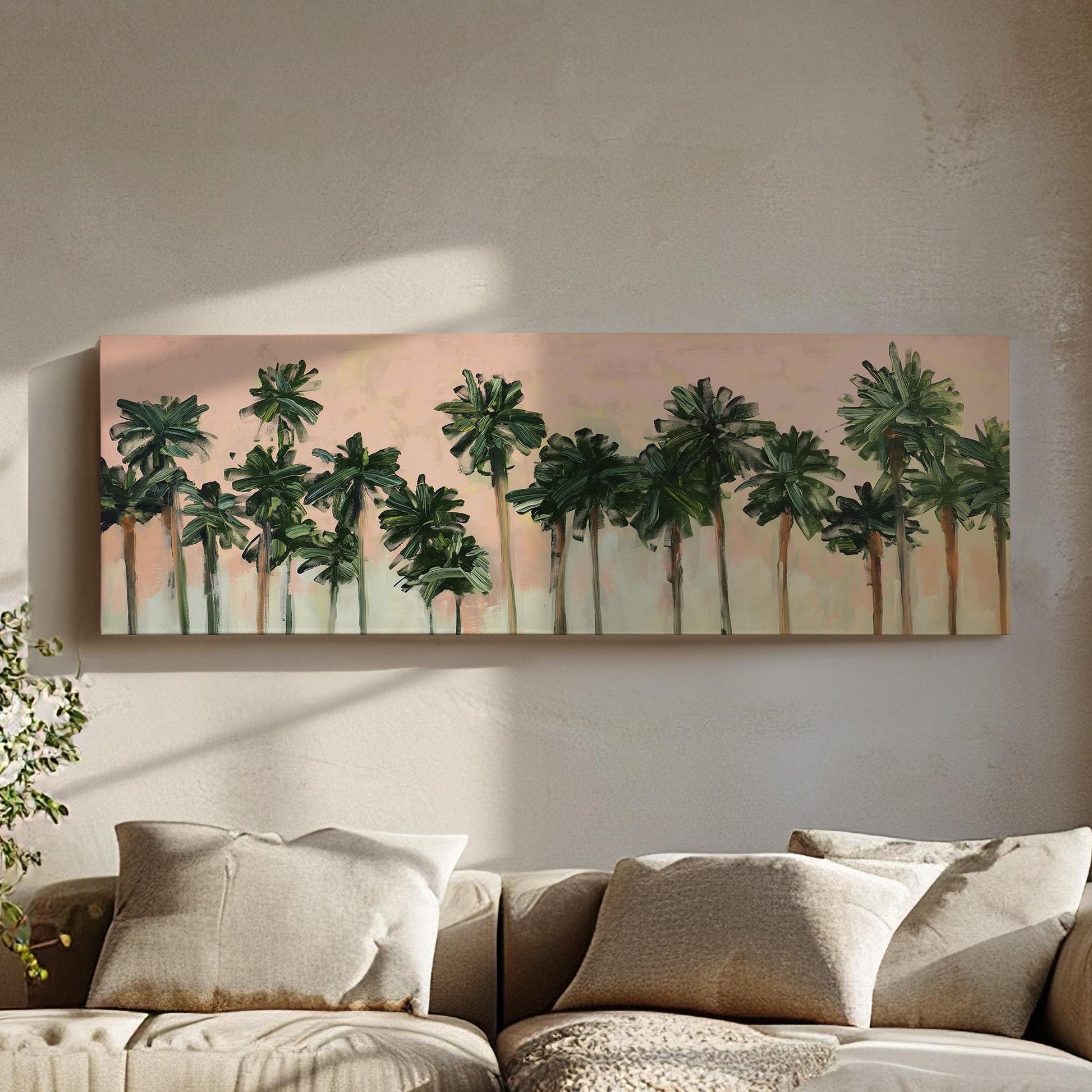 Florida Palm Tree Acrylic Panoramic Wall Art Knife Technique, Panorama Tropical Canvas Print, Summer Pastel Decor Canvas Art