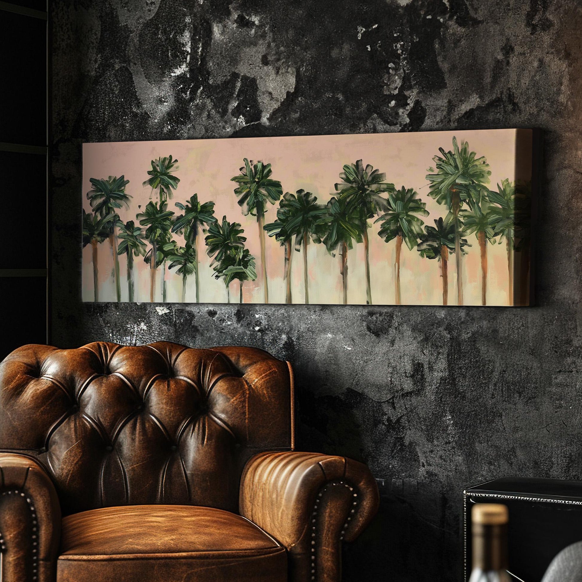 Florida Palm Tree Acrylic Panoramic Wall Art Knife Technique, Panorama Tropical Canvas Print, Summer Pastel Decor Canvas Art