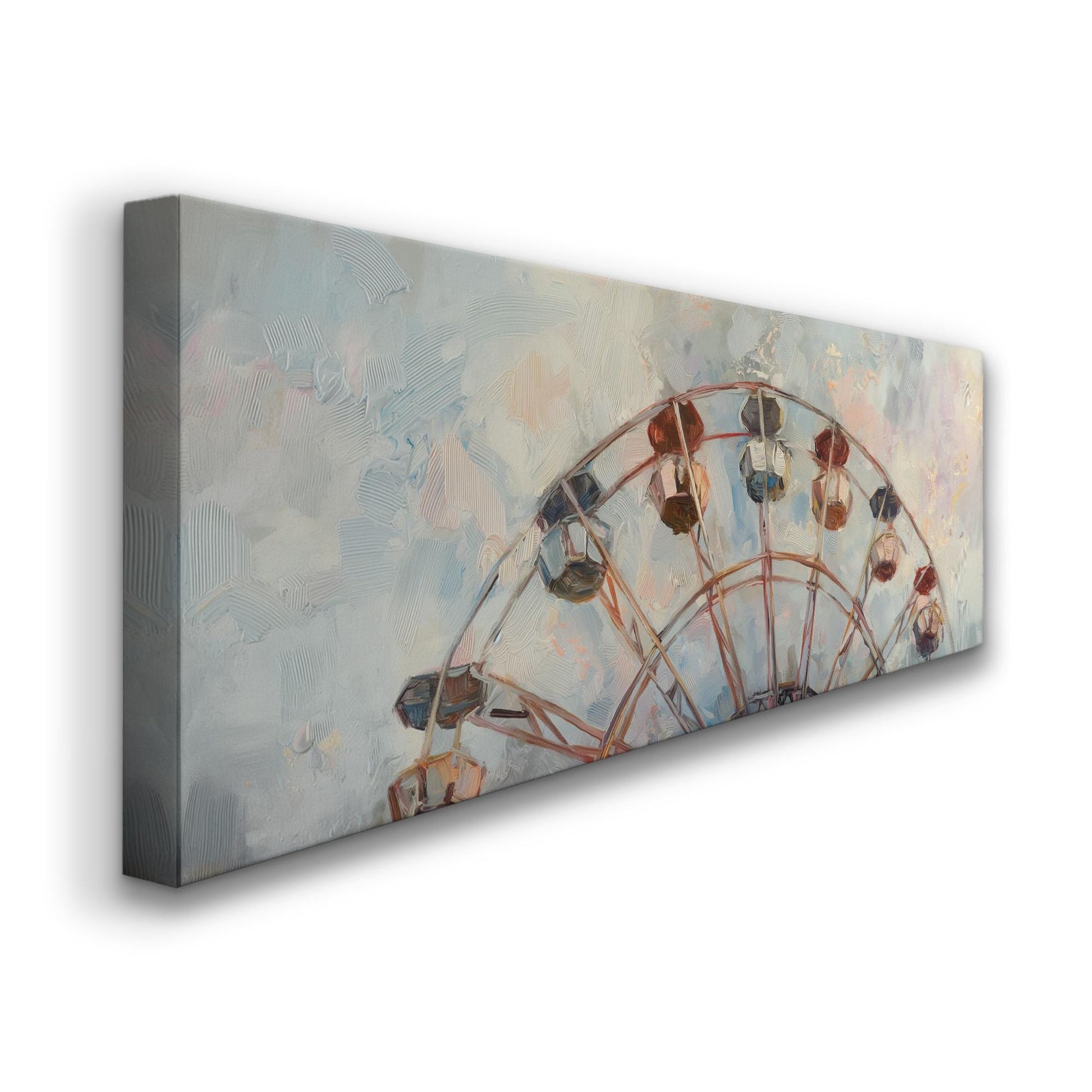 Ferris Wheel Muted Oil Panoramic Wall Art Whimsical, Panorama Amusement Park Canvas Print, Rustic Americana Decor Canvas Art