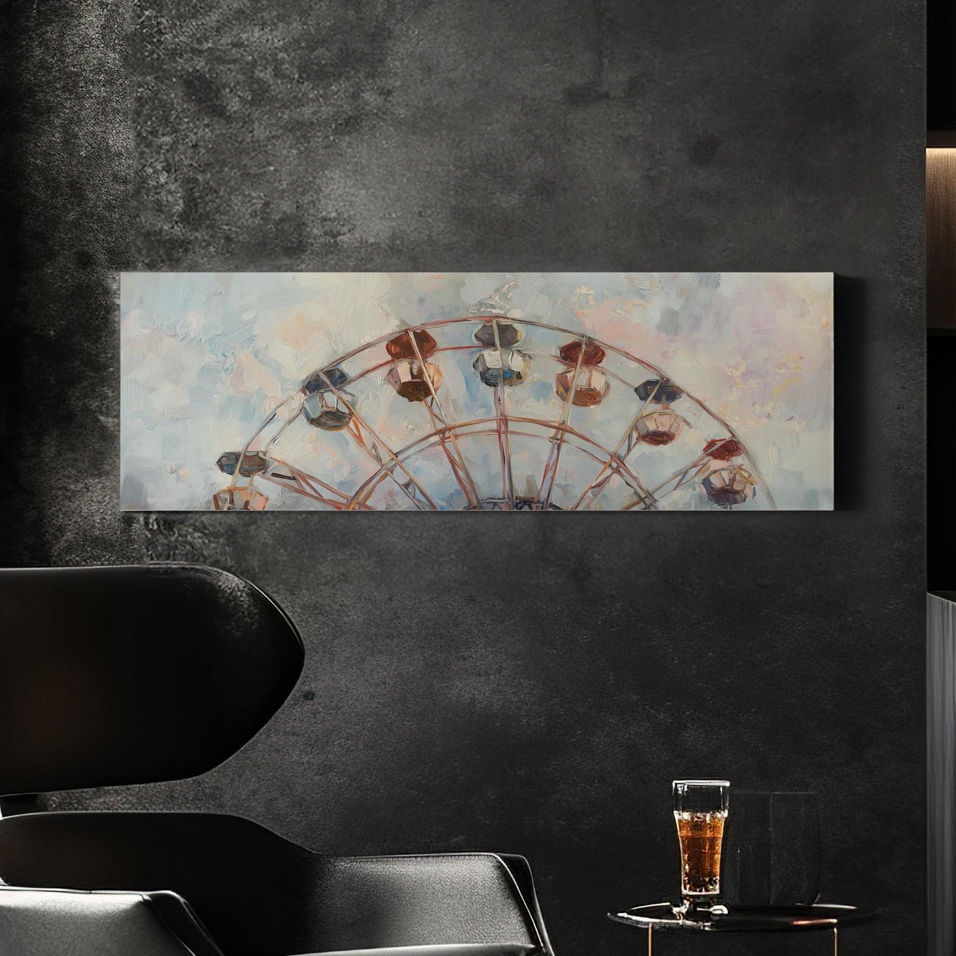 Ferris Wheel Muted Oil Panoramic Wall Art Whimsical, Panorama Amusement Park Canvas Print, Rustic Americana Decor Canvas Art