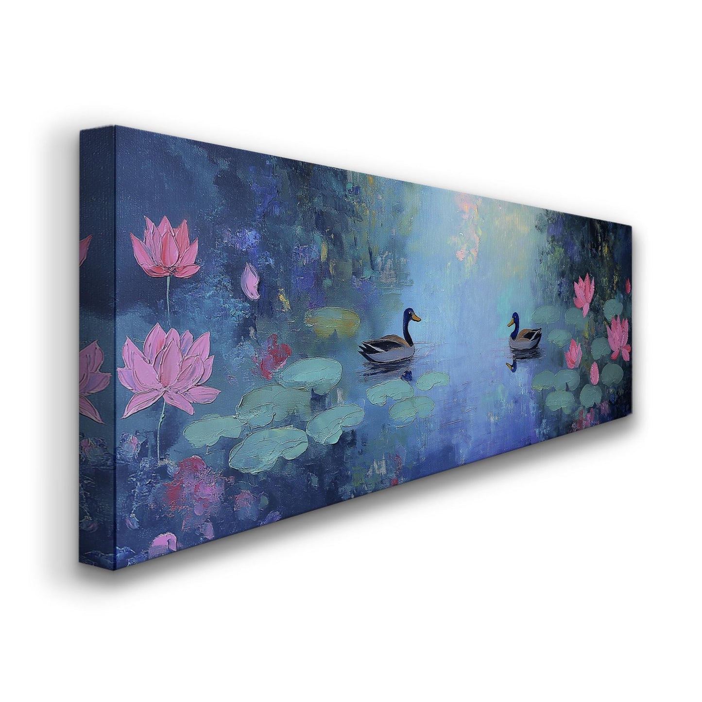 Ducks at the Lotus Lake Panoramic Wall Art Lake Scene, Panorama Quiet Pond Canvas Print, Tranquil Decor Canvas Art