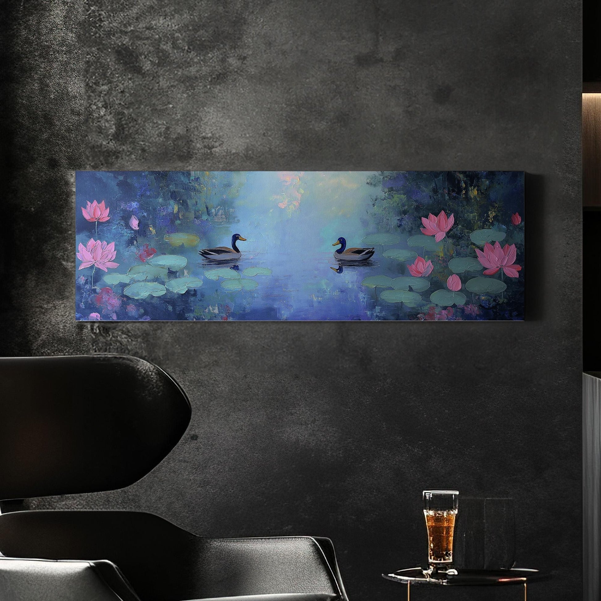 Ducks at the Lotus Lake Panoramic Wall Art Lake Scene, Panorama Quiet Pond Canvas Print, Tranquil Decor Canvas Art