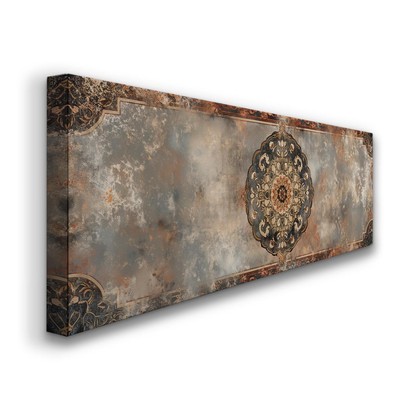 Distressed Tapestry Panoramic Wall Art for Above Bed, Panorama Moroccan Canvas Print, Boho Textile Decor Canvas Art