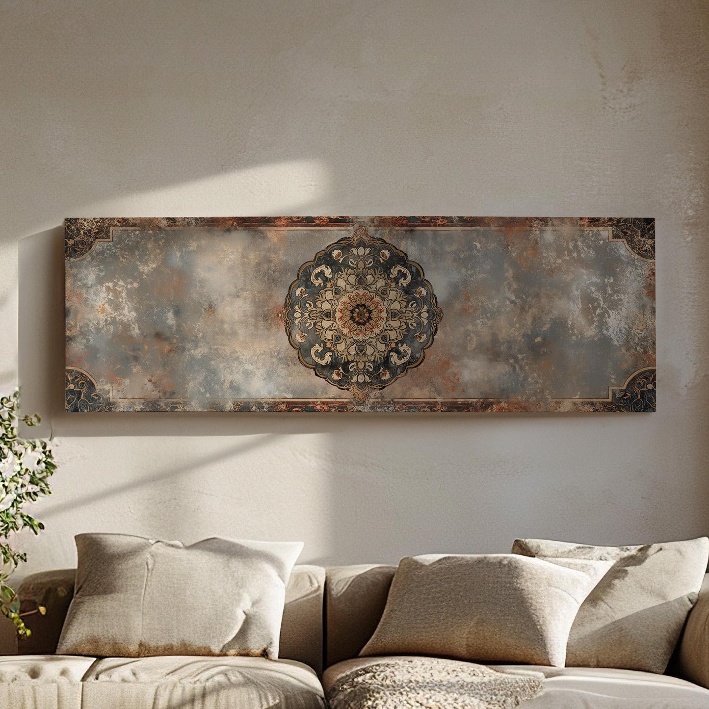 Distressed Tapestry Panoramic Wall Art for Above Bed, Panorama Moroccan Canvas Print, Boho Textile Decor Canvas Art