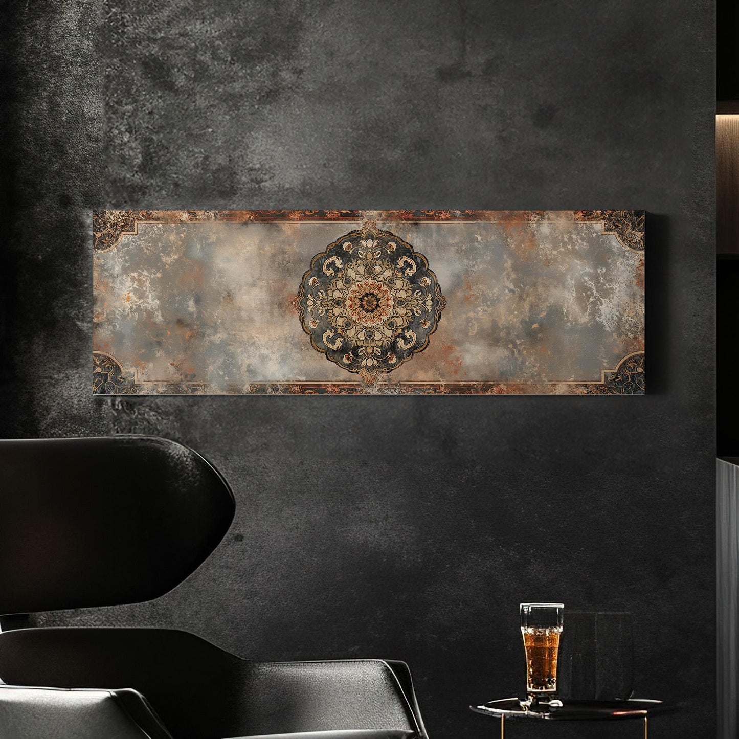 Distressed Tapestry Panoramic Wall Art for Above Bed, Panorama Moroccan Canvas Print, Boho Textile Decor Canvas Art