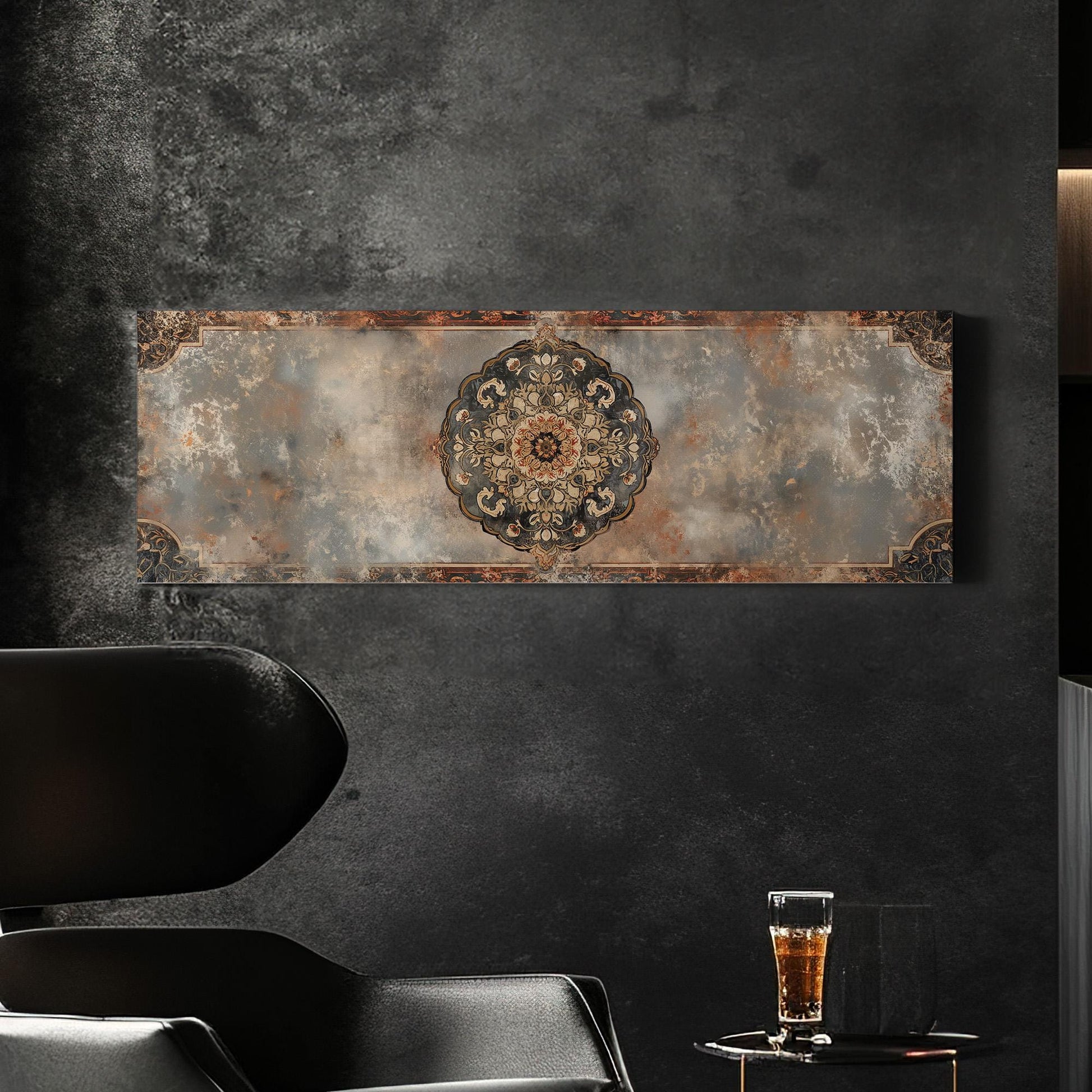 Distressed Tapestry Panoramic Wall Art for Above Bed, Panorama Moroccan Canvas Print, Boho Textile Decor Canvas Art
