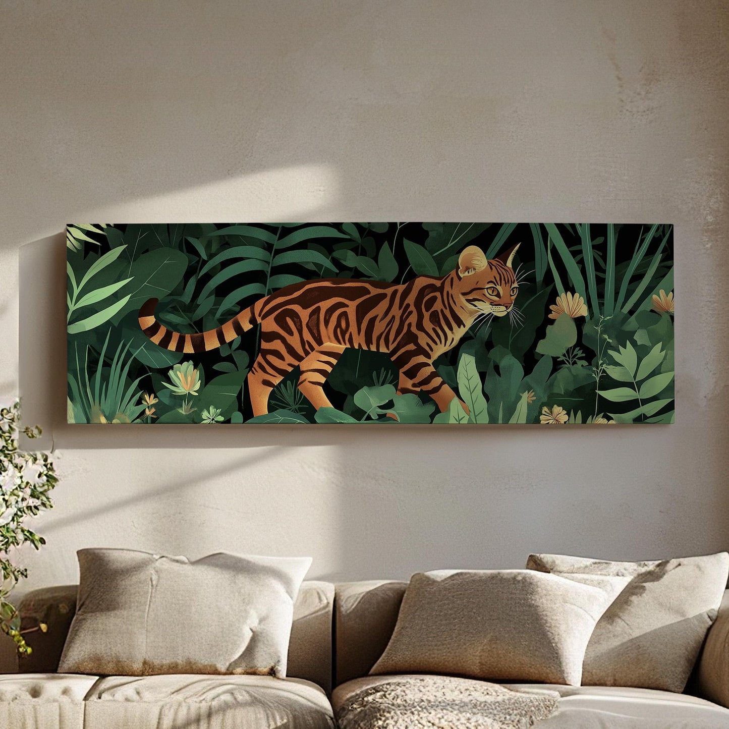 Cute Bengal Cat In The Woods Panoramic Wall Art Pet, Panorama Adorable Canvas Print, Minimal Decor Canvas Art