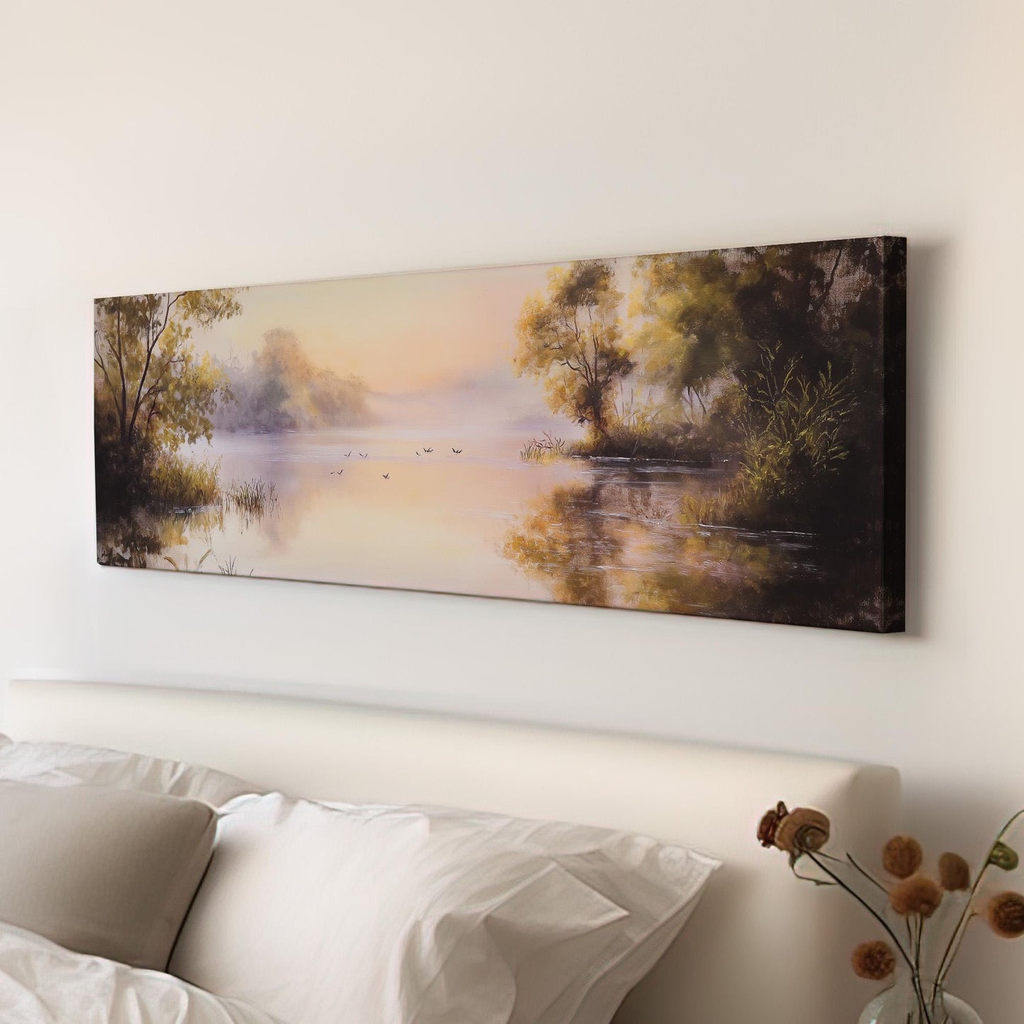 Calming Pond With Birds Panoramic Wall Art Lake Scene, Panorama Quiet Pond Canvas Print, Tranquil Decor Canvas Art