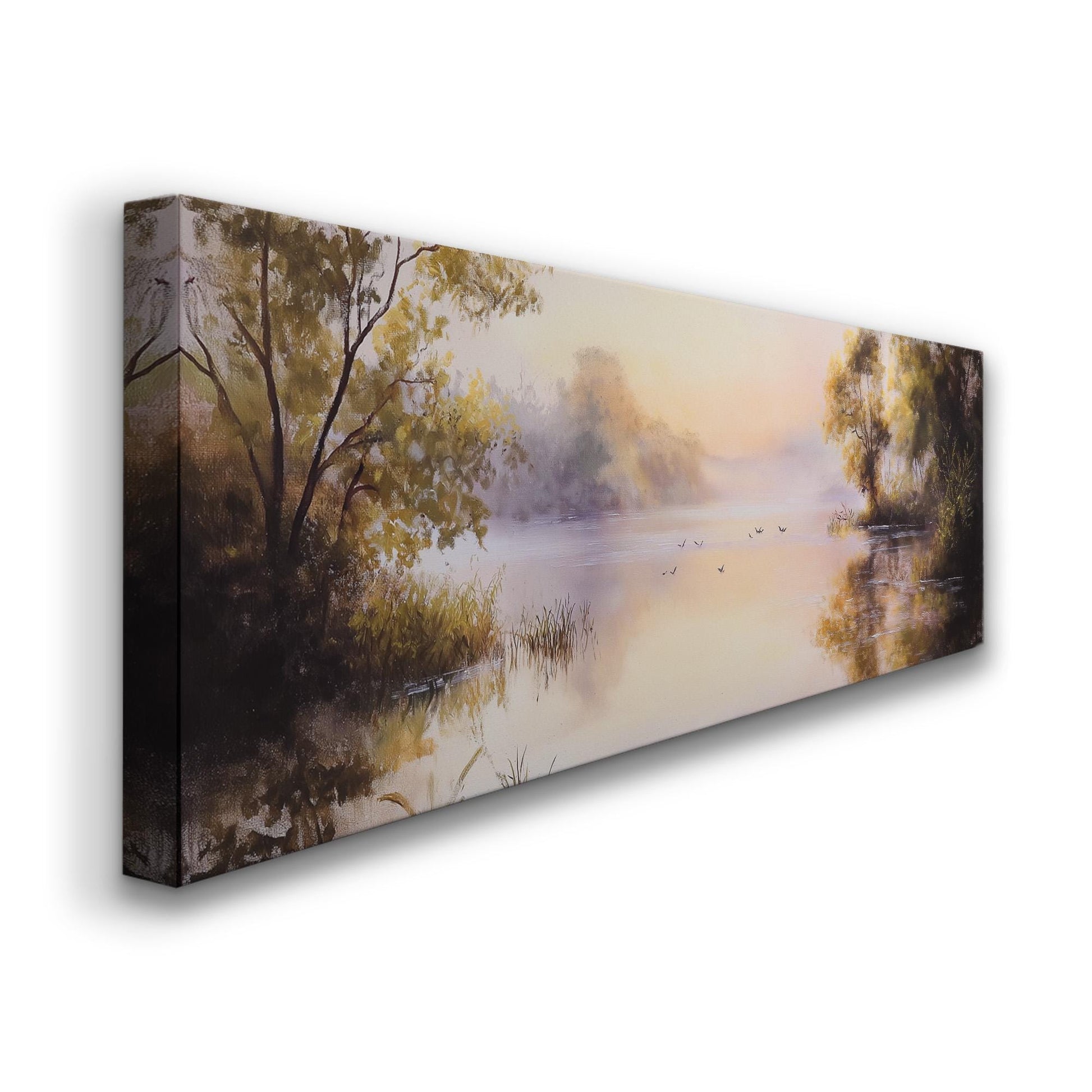 Calming Pond With Birds Panoramic Wall Art Lake Scene, Panorama Quiet Pond Canvas Print, Tranquil Decor Canvas Art