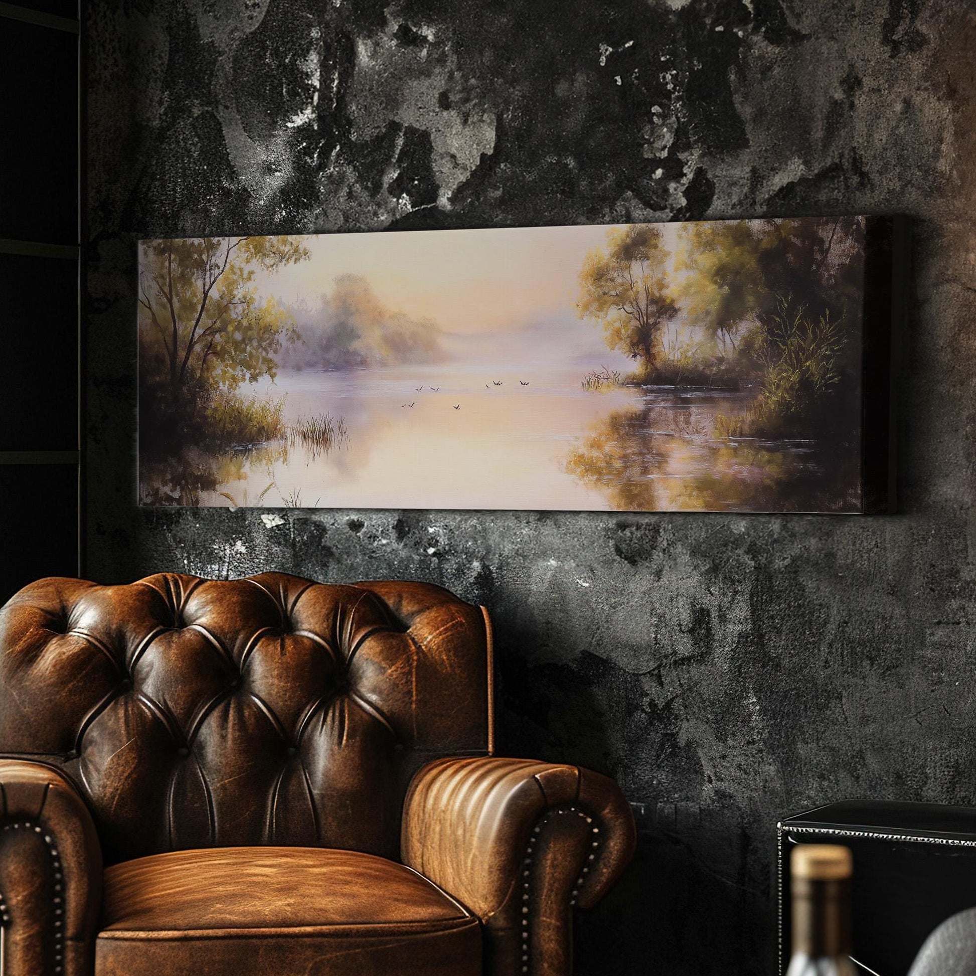 Calming Pond With Birds Panoramic Wall Art Lake Scene, Panorama Quiet Pond Canvas Print, Tranquil Decor Canvas Art