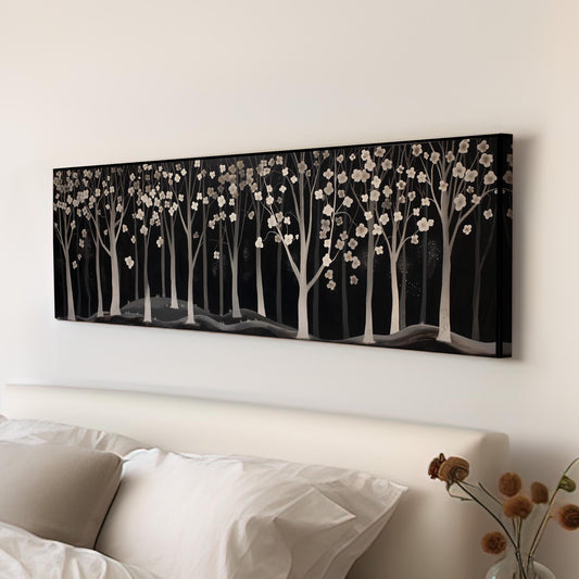 Black And White Cherry Blossom Panoramic Wall Art Sakura Tree, Panorama Japanese Canvas Print, Vintag Decor Canvas Art