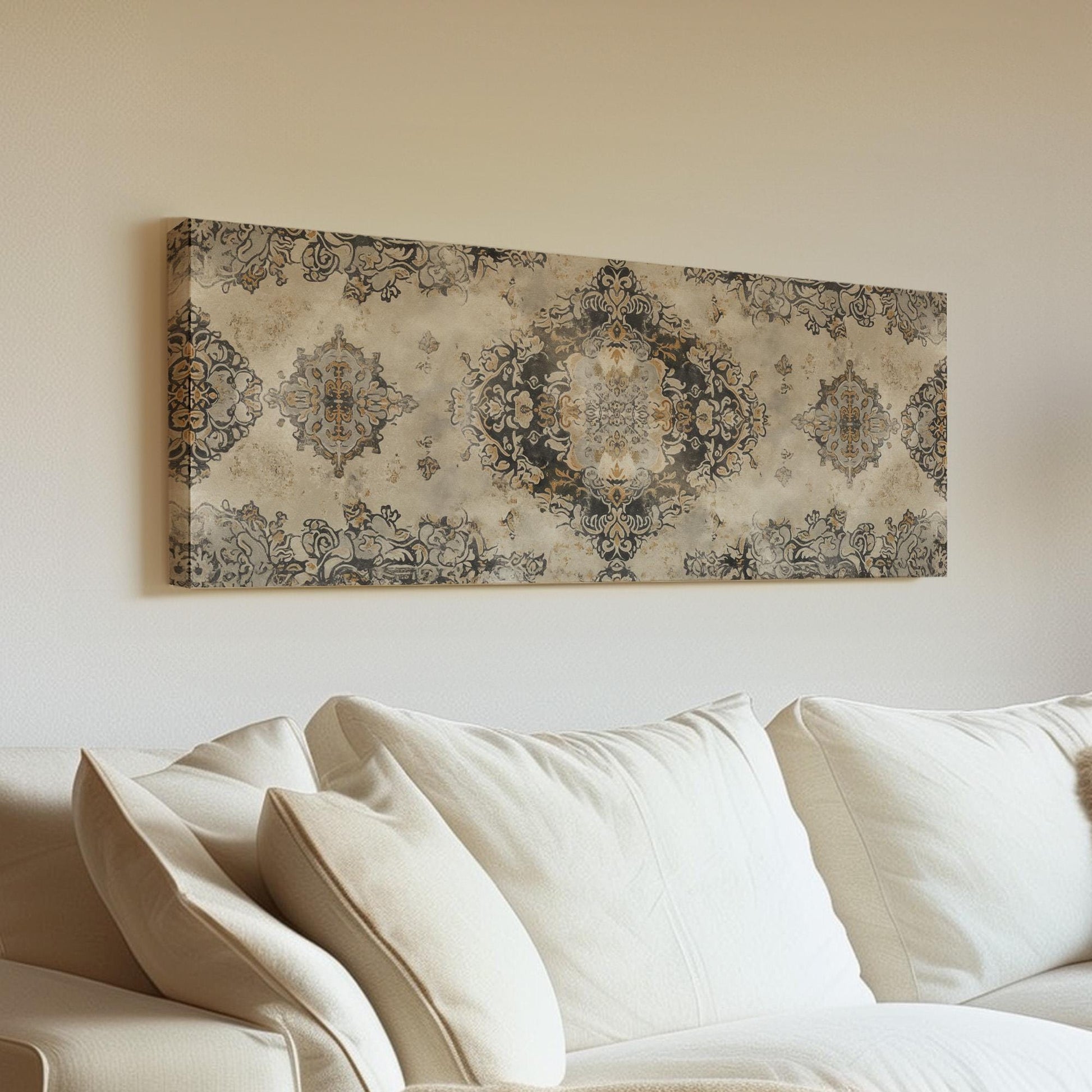 Beige Tapestry Panoramic Wall Art for Above Bed, Panorama Moroccan Canvas Print, Boho Textile Decor Canvas Art