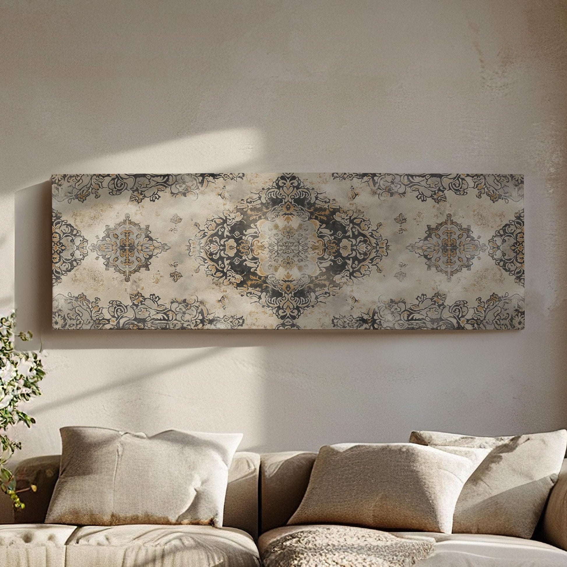 Beige Tapestry Panoramic Wall Art for Above Bed, Panorama Moroccan Canvas Print, Boho Textile Decor Canvas Art