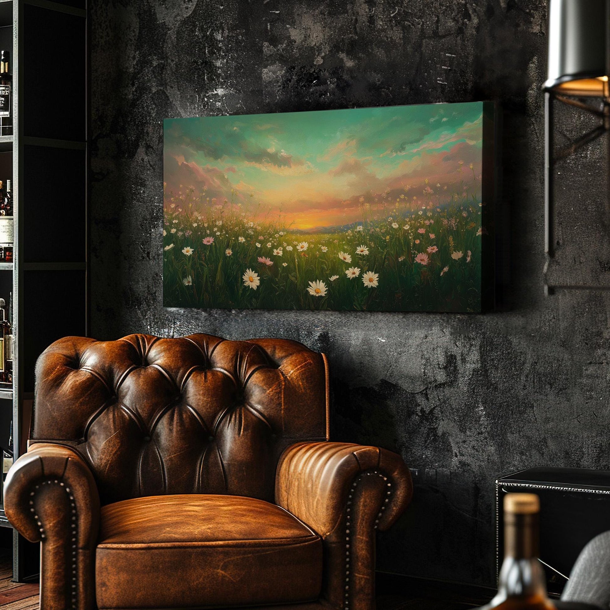 Sunrise Over Mountains Canvas Wall Art For Living Room, Landscape Wildflower Field Canvas Print, Vintage Large Canvas Art
