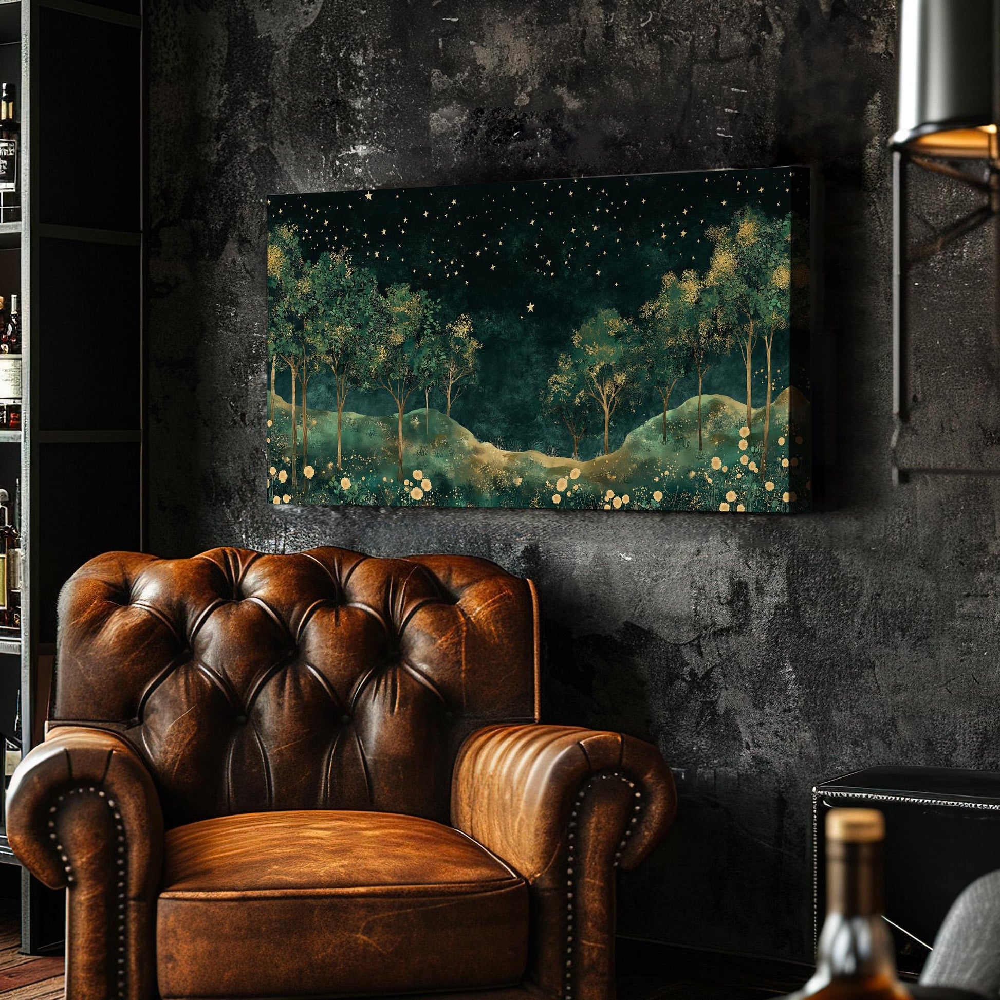 Starry Night In The Forest Canvas Wall Art For Living Room, Landscape Golden Landscape Canvas Print, Rustic Country Large Canvas Art
