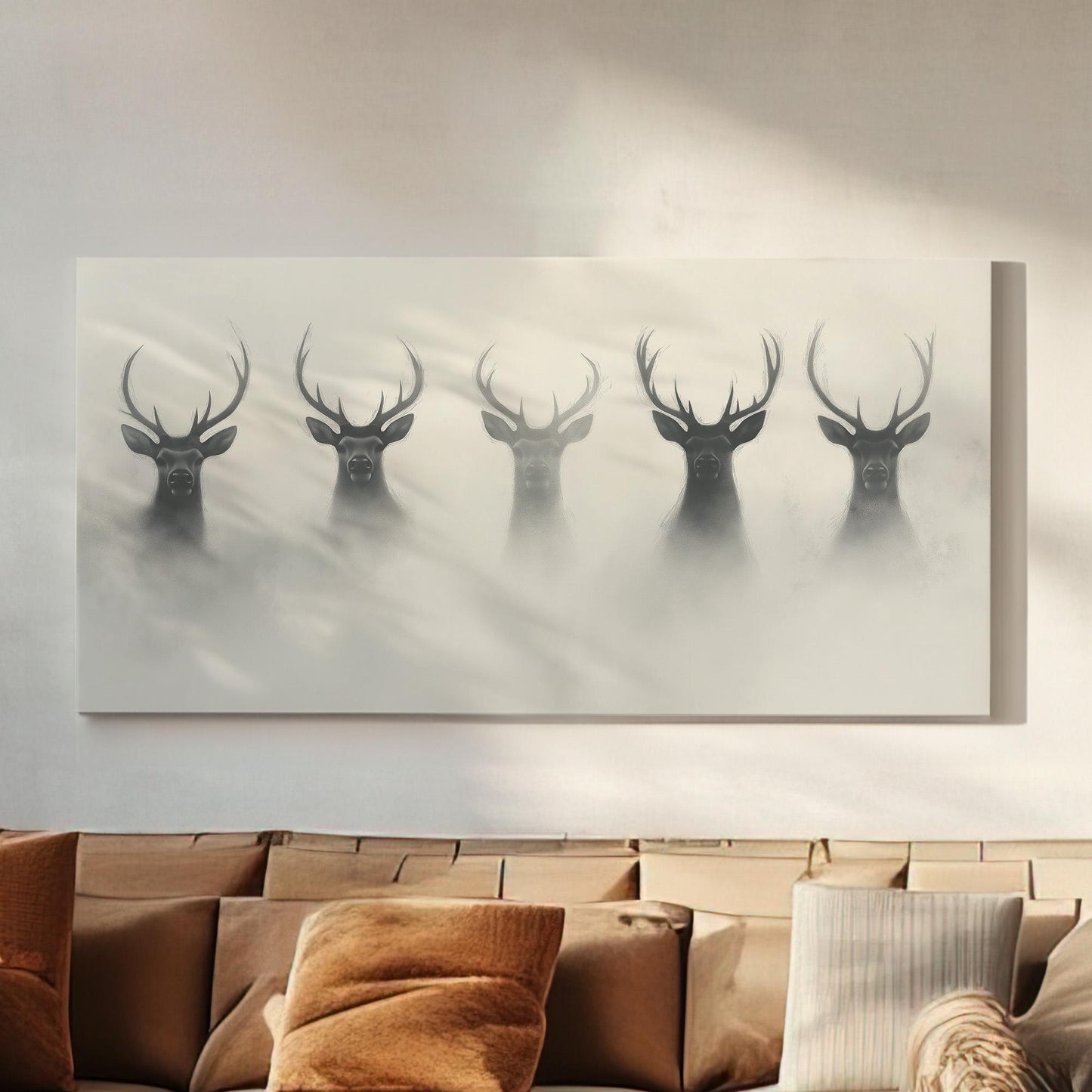 Reindeers In The Mist Canvas Wall Art For Living Room, Landscape Winter Canvas Print, Farmhouse Large Canvas Art