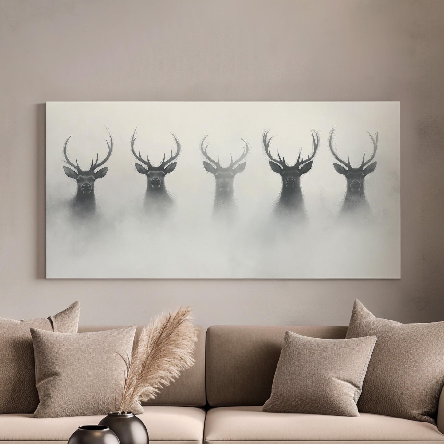 Reindeers In The Mist Canvas Wall Art For Living Room, Landscape Winter Canvas Print, Farmhouse Large Canvas Art