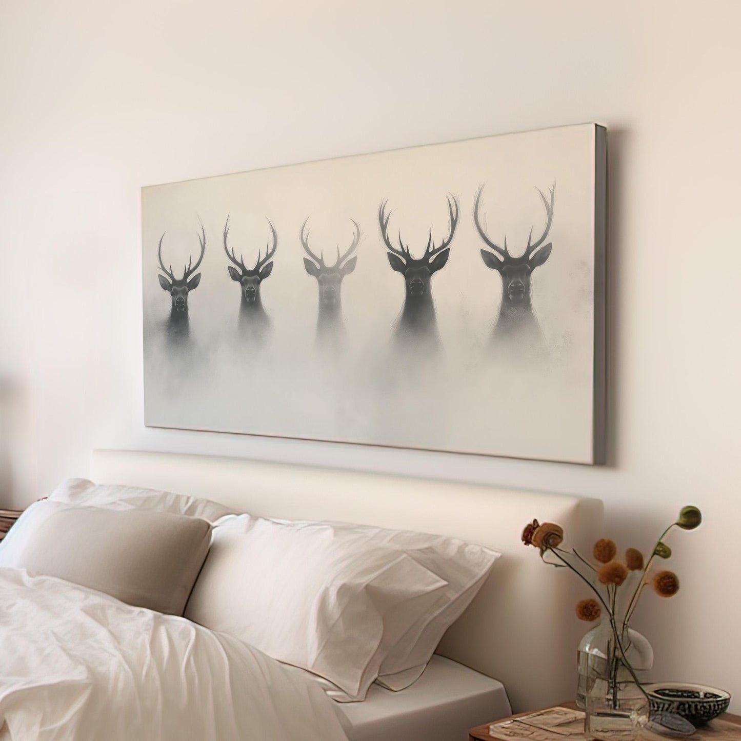 Reindeers In The Mist Canvas Wall Art For Living Room, Landscape Winter Canvas Print, Farmhouse Large Canvas Art