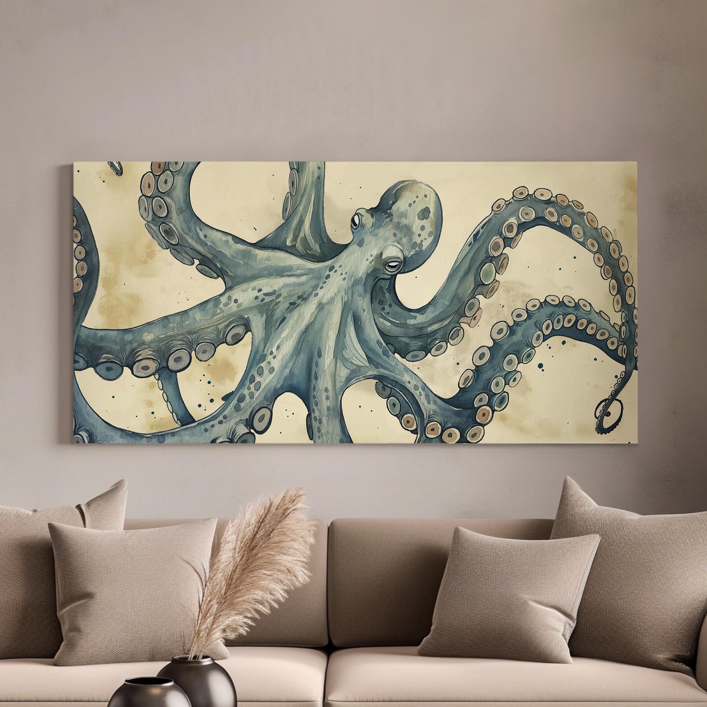 Moody Octopus Canvas Wall Art For Living Room, Landscape Nautical Canvas Print, Beach House Large Canvas Art