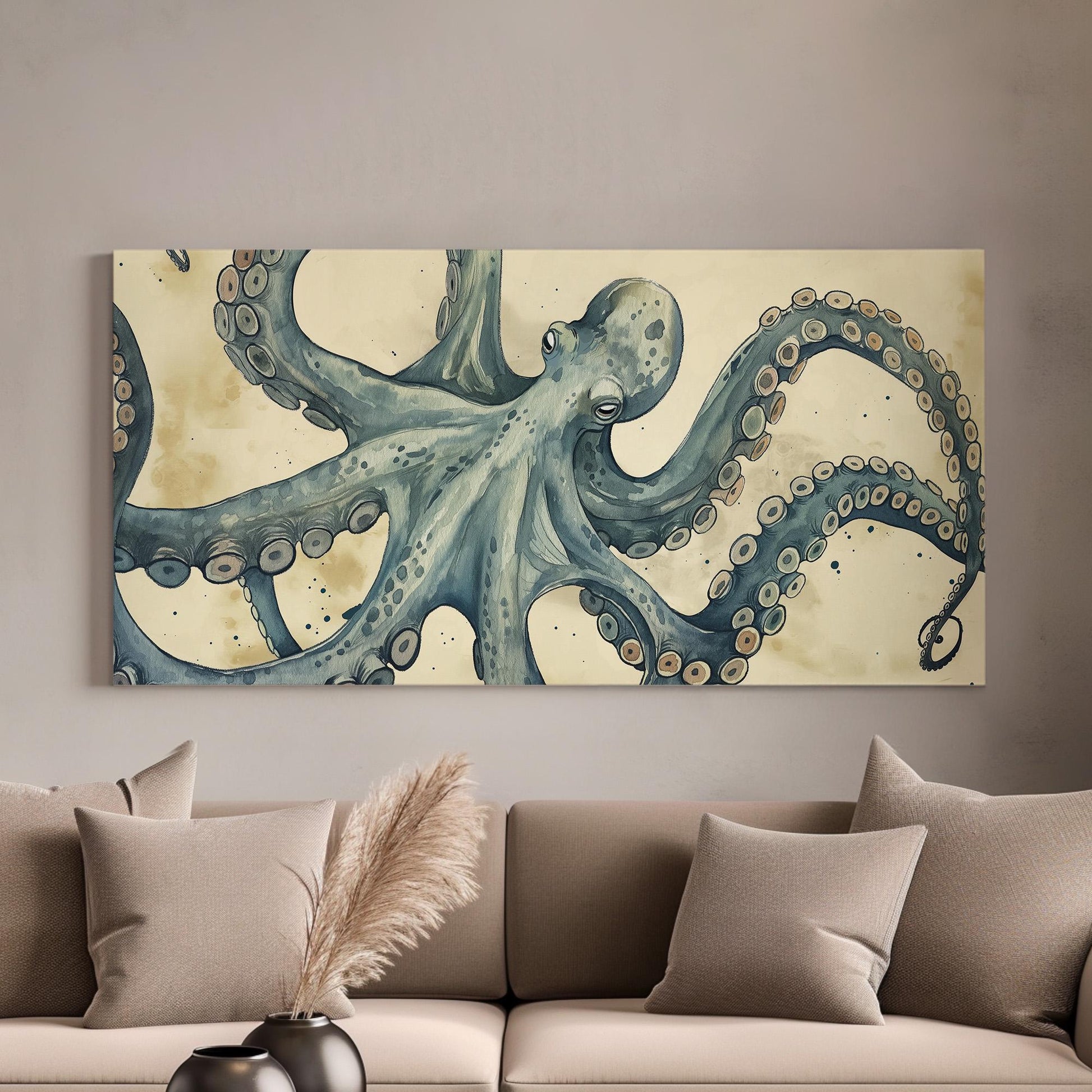 Moody Octopus Canvas Wall Art For Living Room, Landscape Nautical Canvas Print, Beach House Large Canvas Art