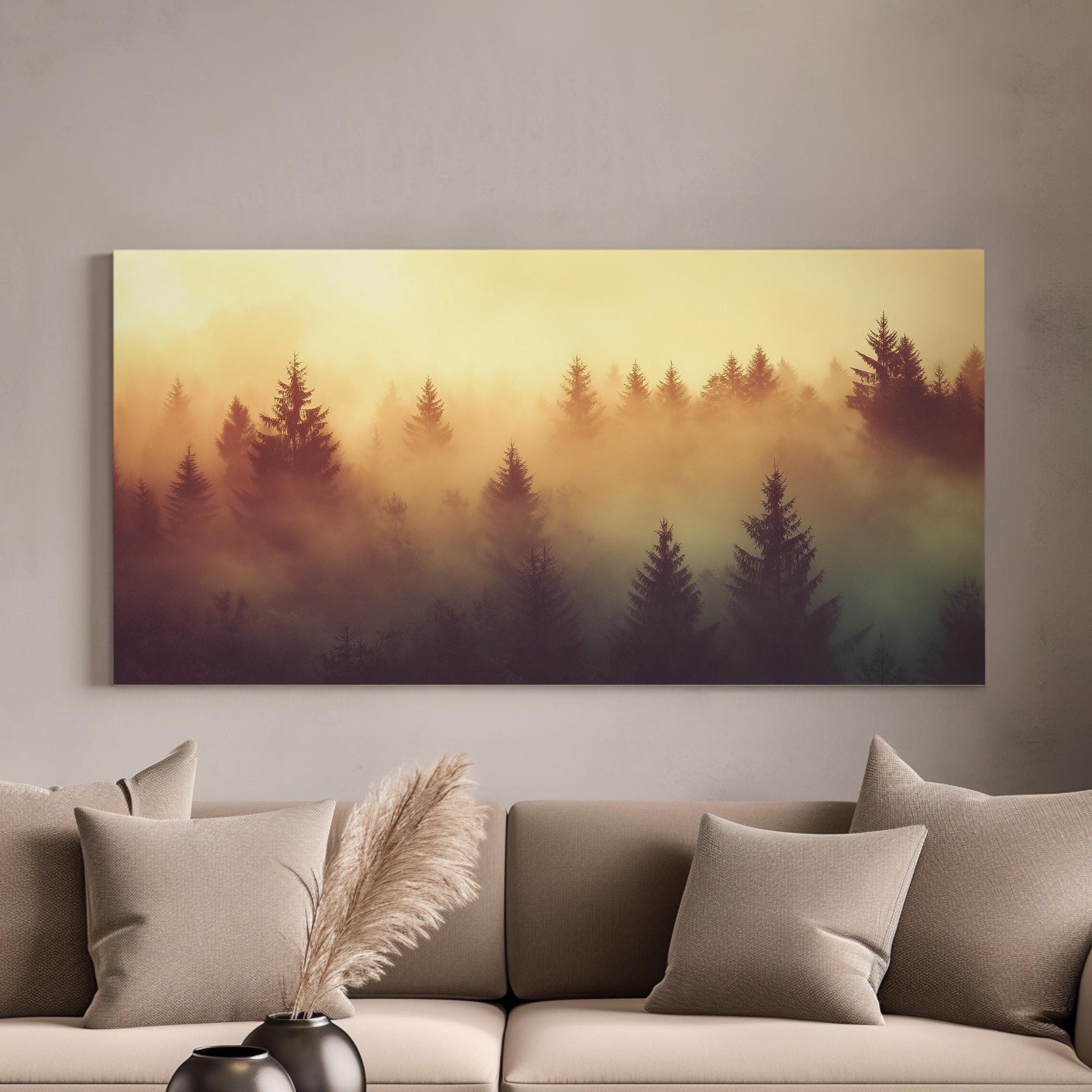 Misty Pine Forest at Dawn Canvas Wall Art For Living Room, Landscape Cozy Autumn Canvas Print, Rustic Fall Large Canvas Art