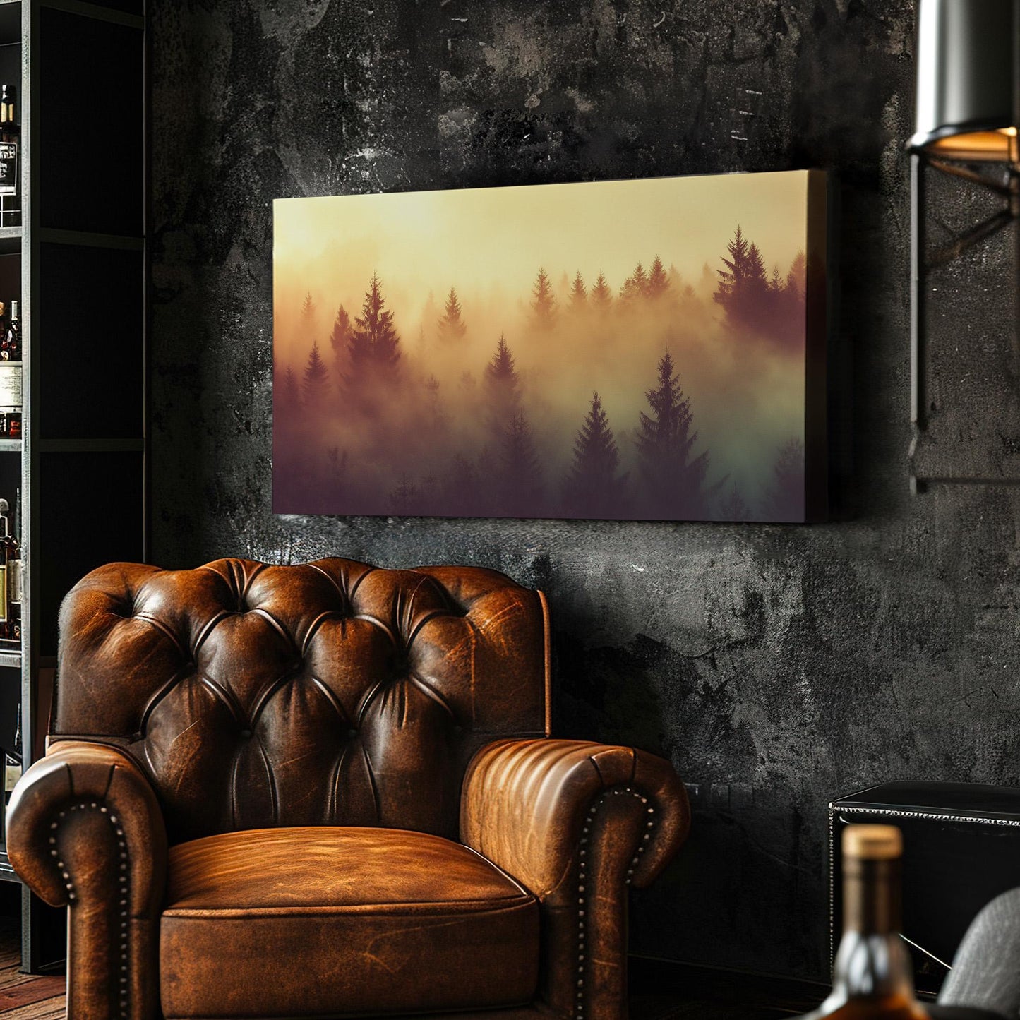 Misty Pine Forest at Dawn Canvas Wall Art For Living Room, Landscape Cozy Autumn Canvas Print, Rustic Fall Large Canvas Art