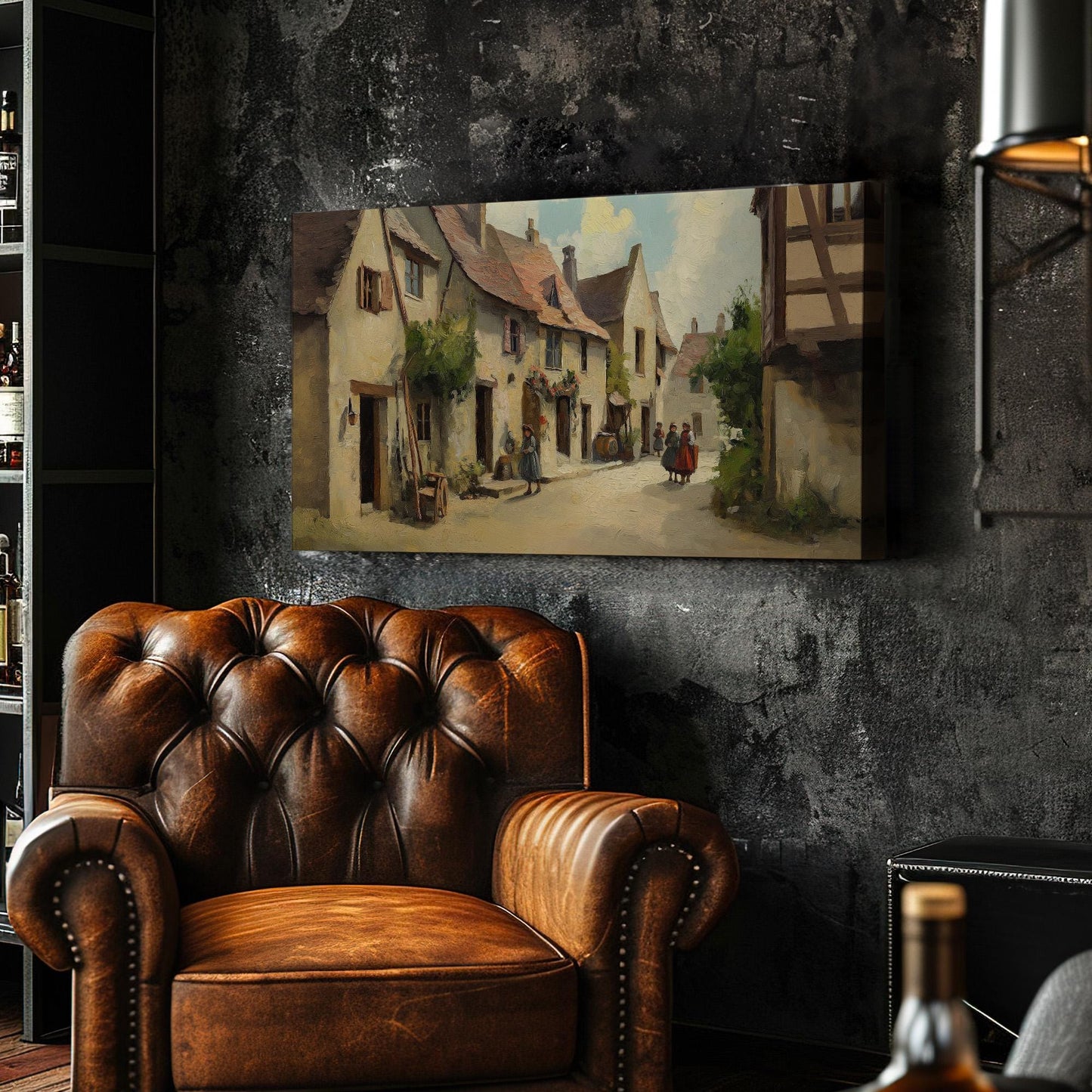 Medieval City Life Canvas Wall Art For Living Room, Landscape Dark Academia Canvas Print, Whimsical Large Canvas Art