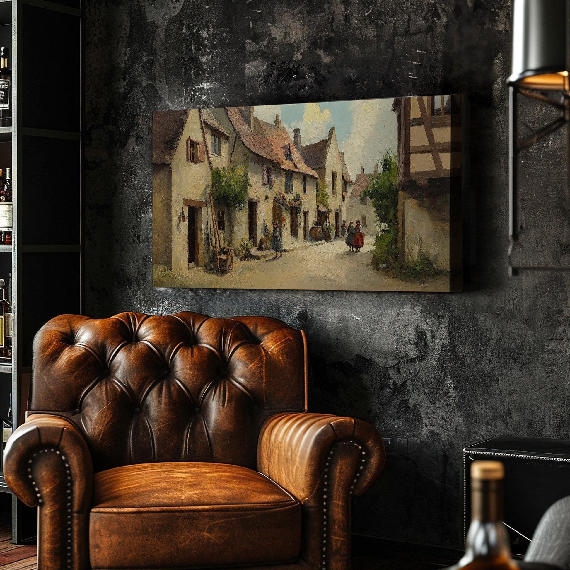 Medieval City Life Canvas Wall Art For Living Room, Landscape Dark Academia Canvas Print, Whimsical Large Canvas Art