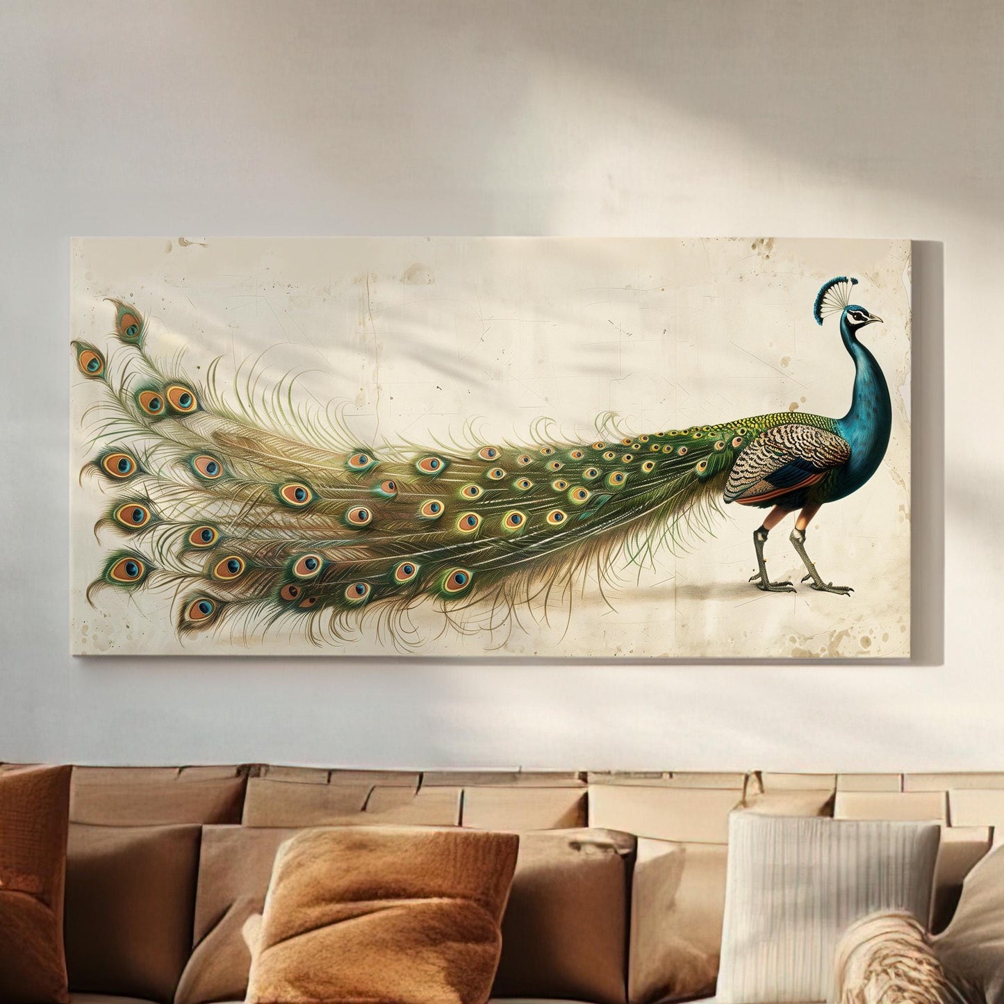 Magnificent Peacock Canvas Wall Art For Living Room, Landscape Antique Canvas Print, Vintage Large Canvas Art