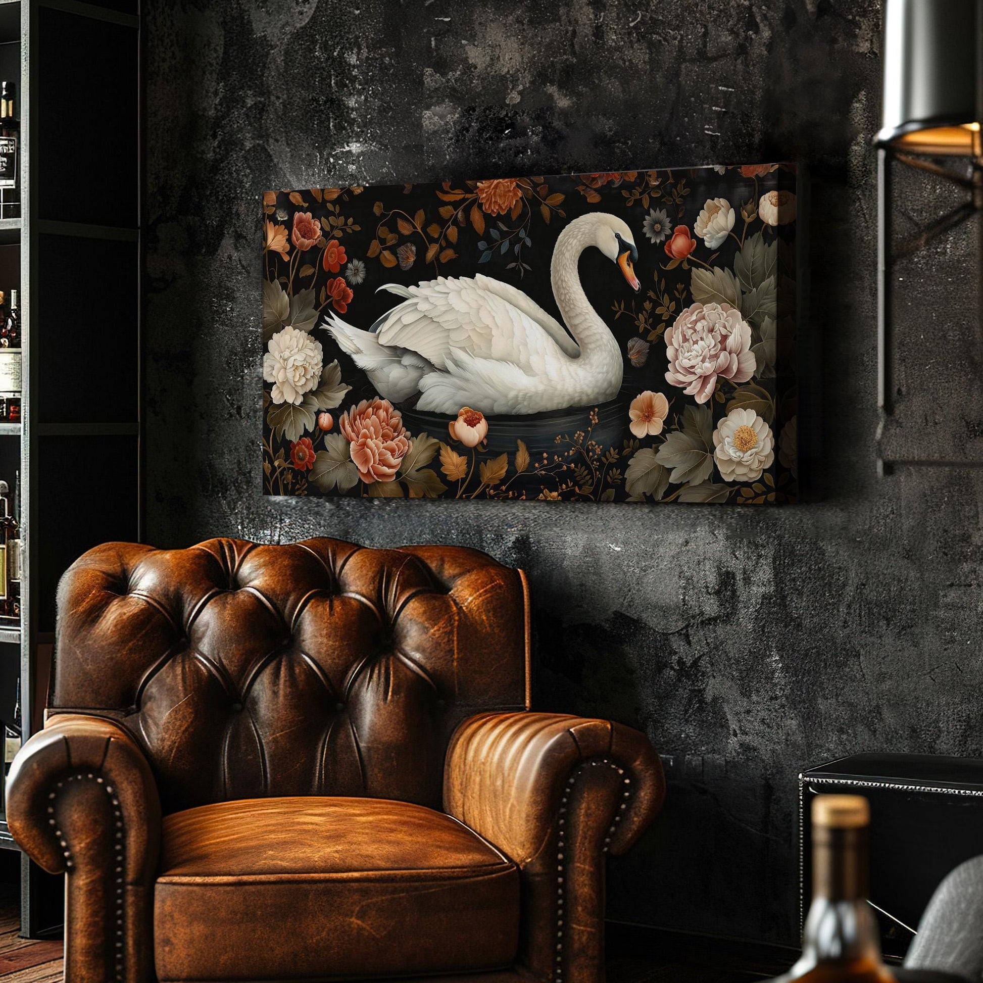 Swan Canvas Print: Floral Antique Farmhouse Wall Art