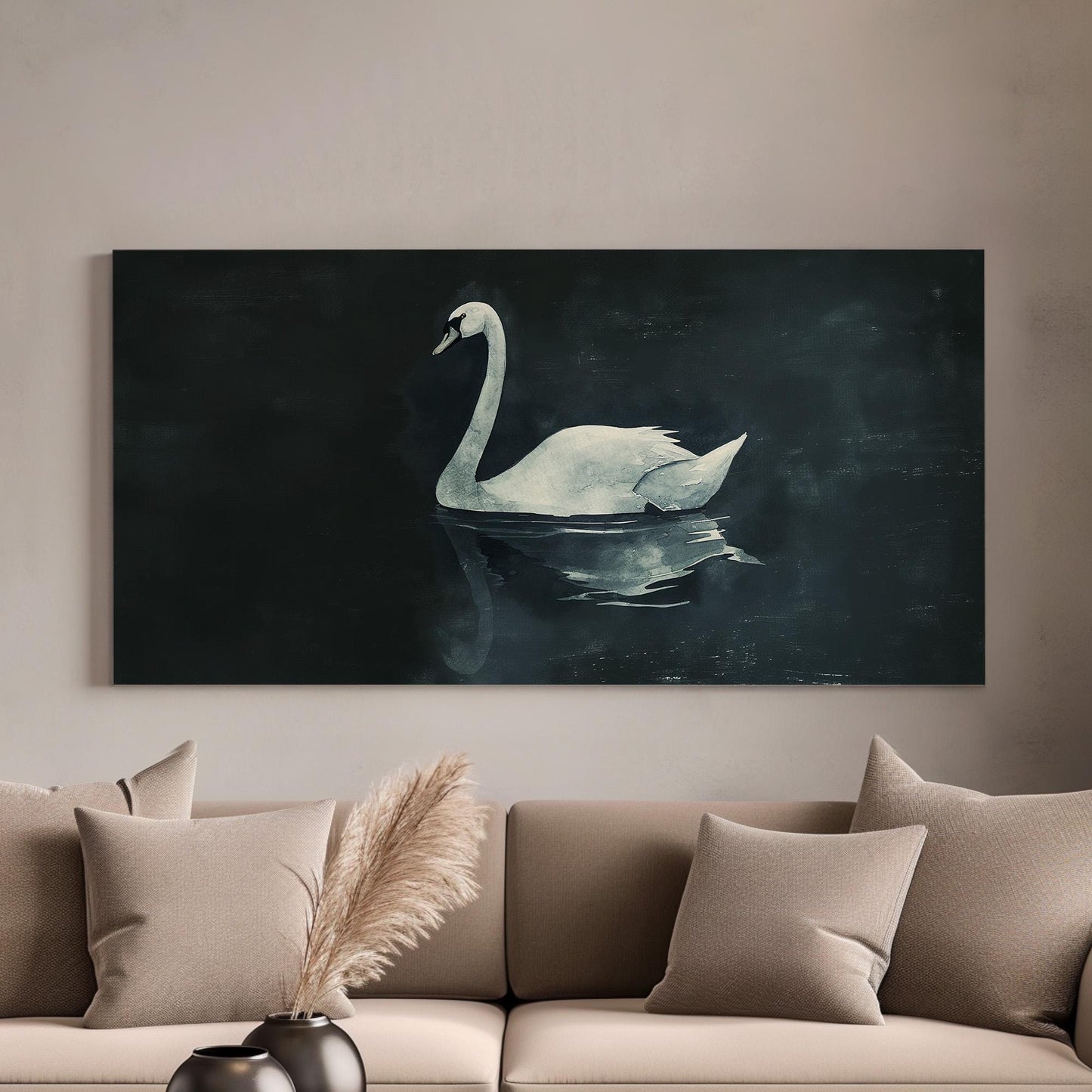 Lone Swan at Night Canvas Wall Art For Living Room, Landscape Farmhouse Canvas Print, Antique Large Canvas Art