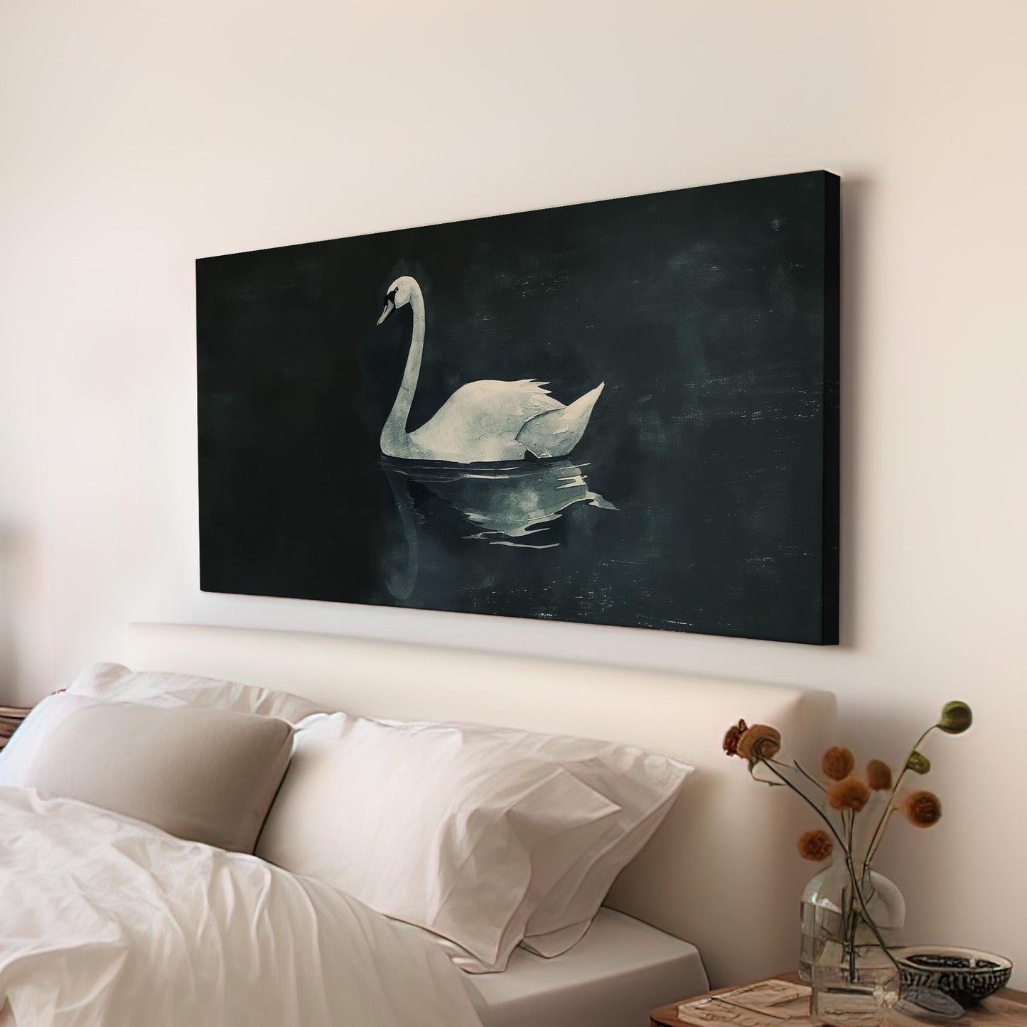 Lone Swan at Night Canvas Wall Art For Living Room, Landscape Farmhouse Canvas Print, Antique Large Canvas Art